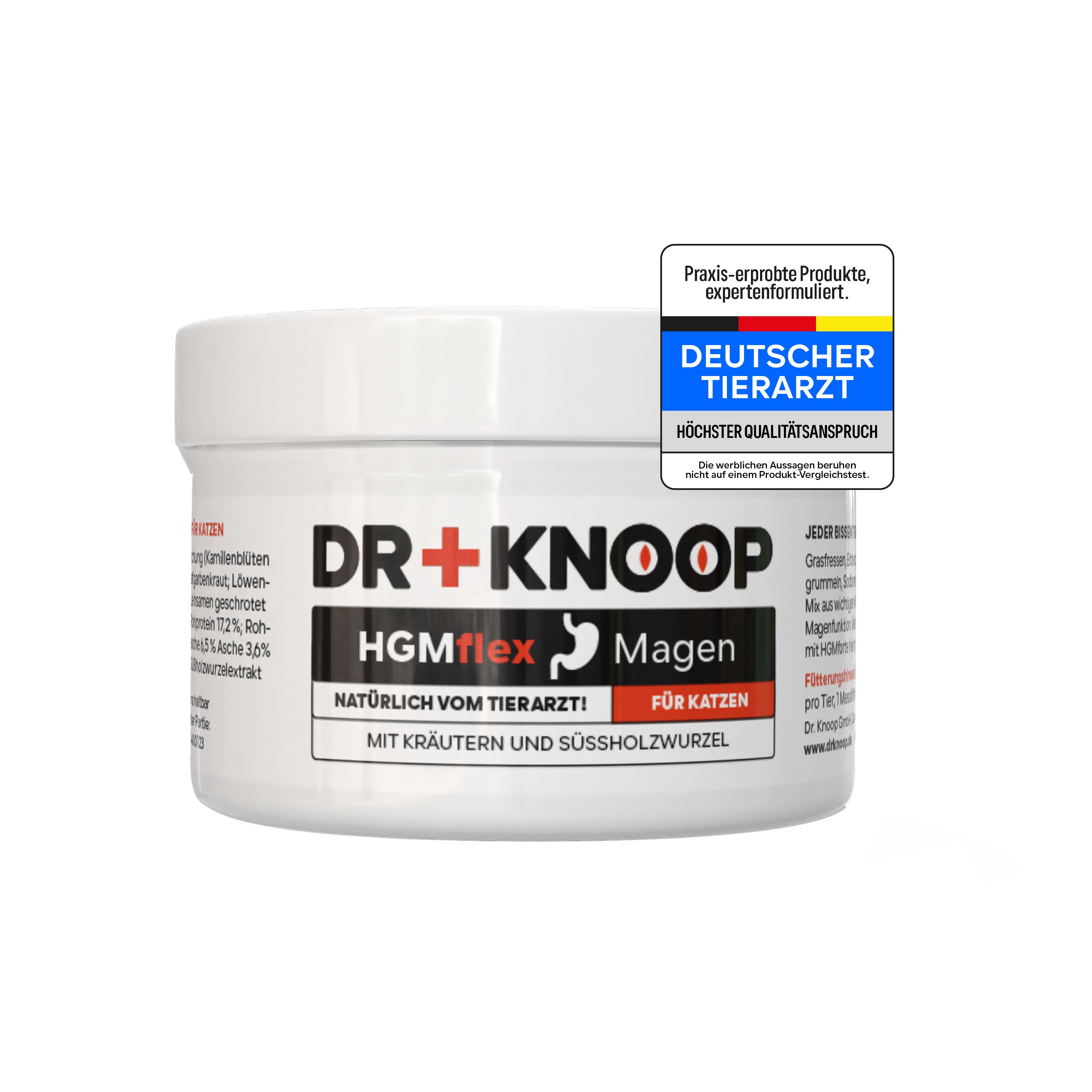 Produktglas mit Beschriftung und Siegel Deutscher Tierarzt. Aufschrift: DR+KNOOP HGMflex Magen, für Katzen.