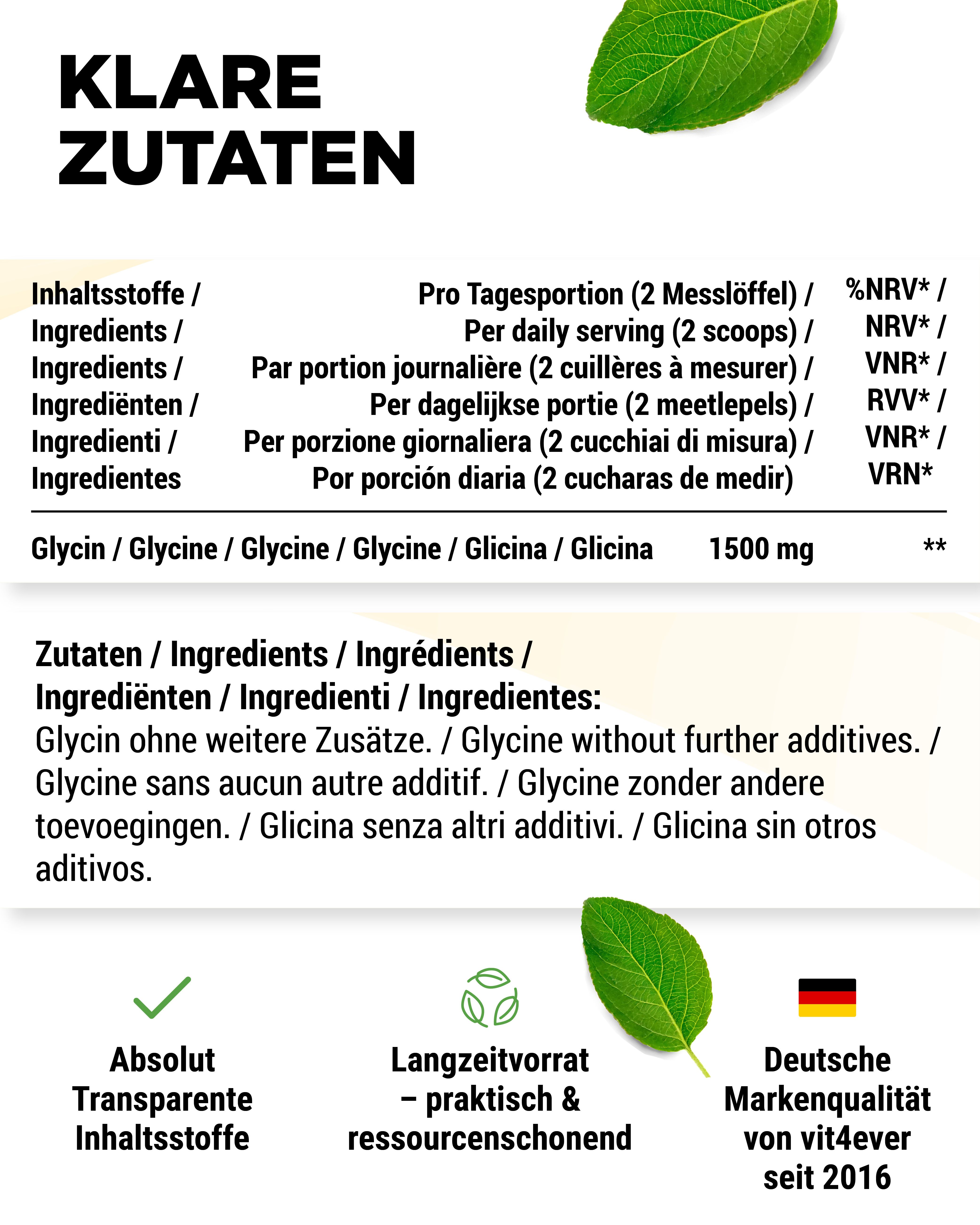 Text-Layout mit Inhaltsstoffen. Glycin ohne weitere Zusätze. Absolut transparente Inhaltsstoffe. Deutsche Markenqualität von vit4ever seit 2016.