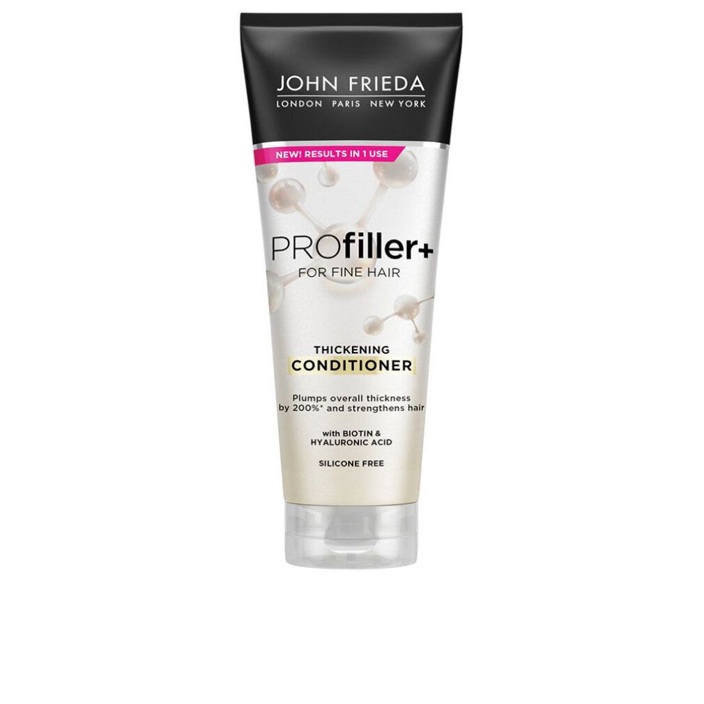 Tube John Frieda Profiller+ Conditioner für feines Haar. Schwarzer Deckel, weißer Körper mit Produktinformationen und Logo.