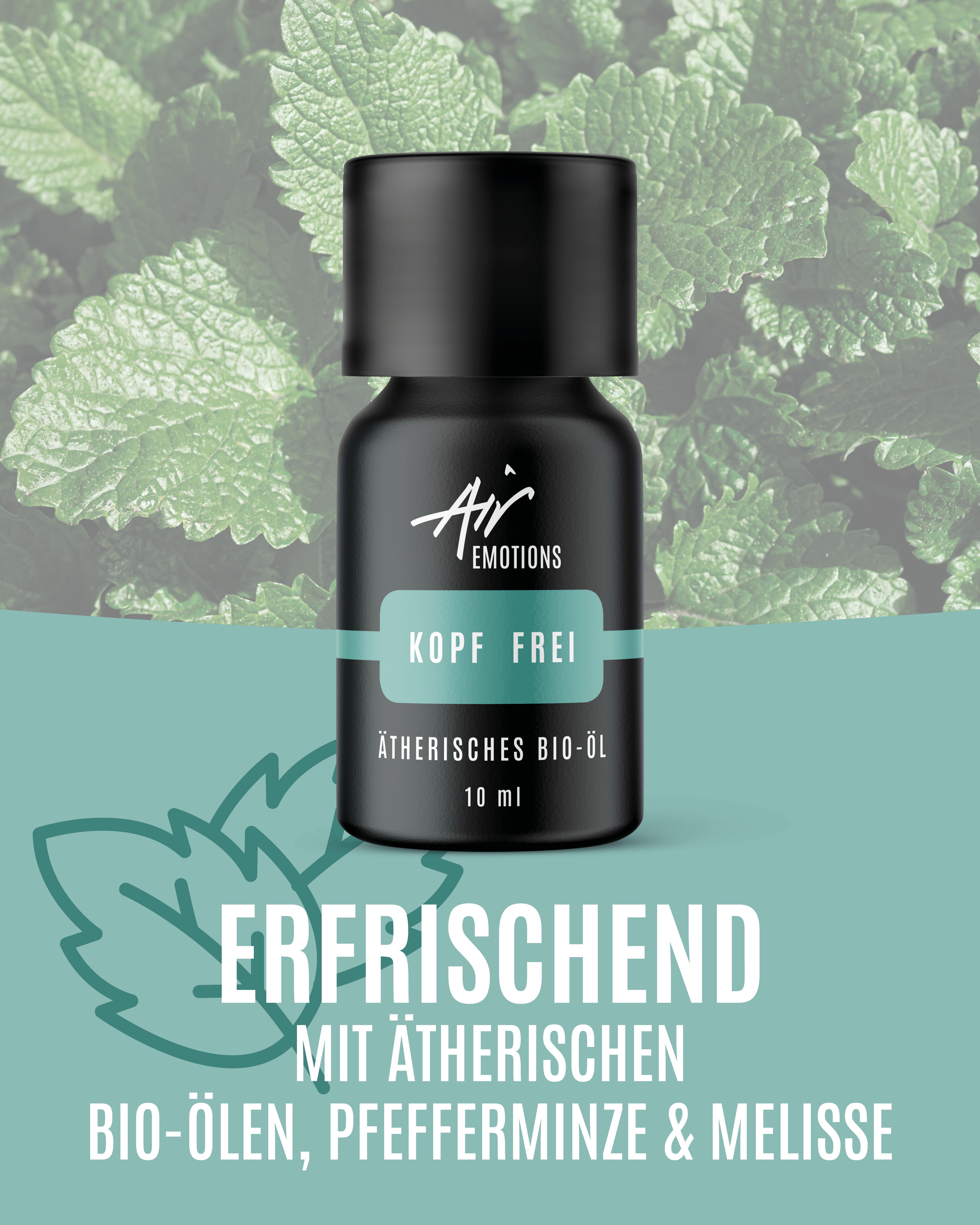 Schwarze Flasche mit blauem Etikett. Aufschrift: Kopf frei, Ätherisches Bio-Öl, 10 ml. Hintergrund: Minzblätter.