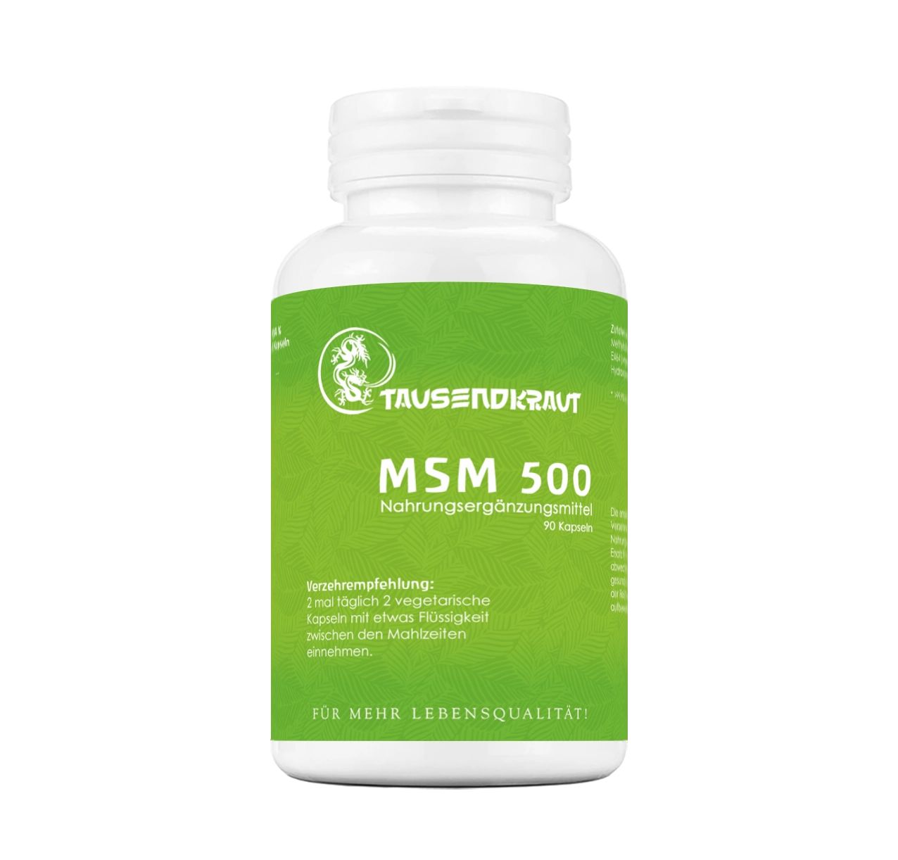 Weiße Flasche mit grünem Etikett. Aufschrift: Tausendkraut MSM 500. Nahrungsergänzungsmittel. 90 Kapseln.