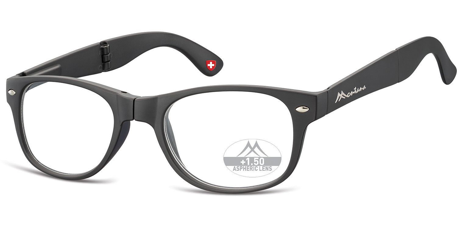 Klappbare Lesebrille, grau, mit +1.50 Dioptrien. Montana-Logo am Bügel, Schweizer Kreuz. Runde Gläser, schwarzer Rahmen.