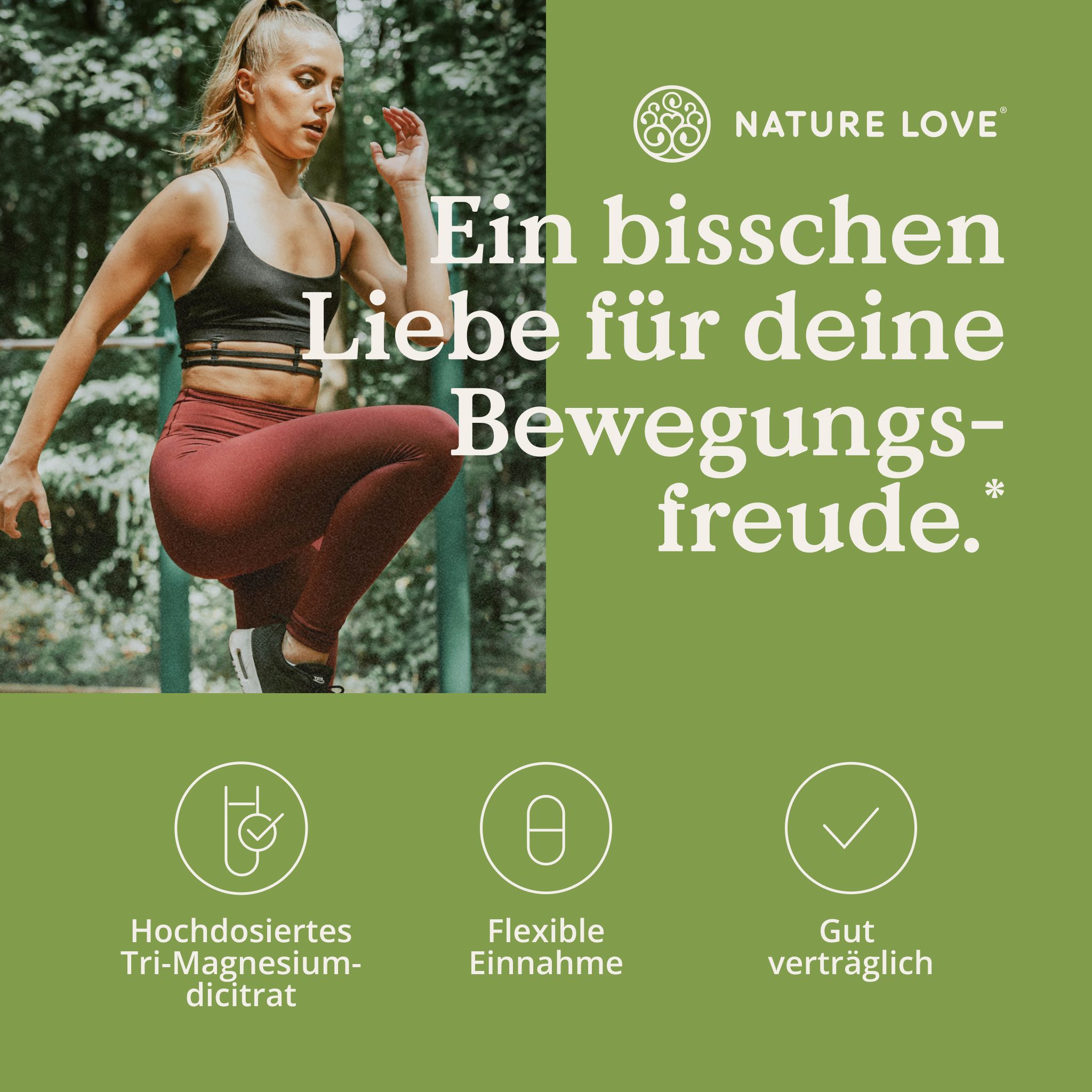 Frau in Sportkleidung, die sich bewegt. Text: Ein bisschen Liebe für deine Bewegungsfreude.