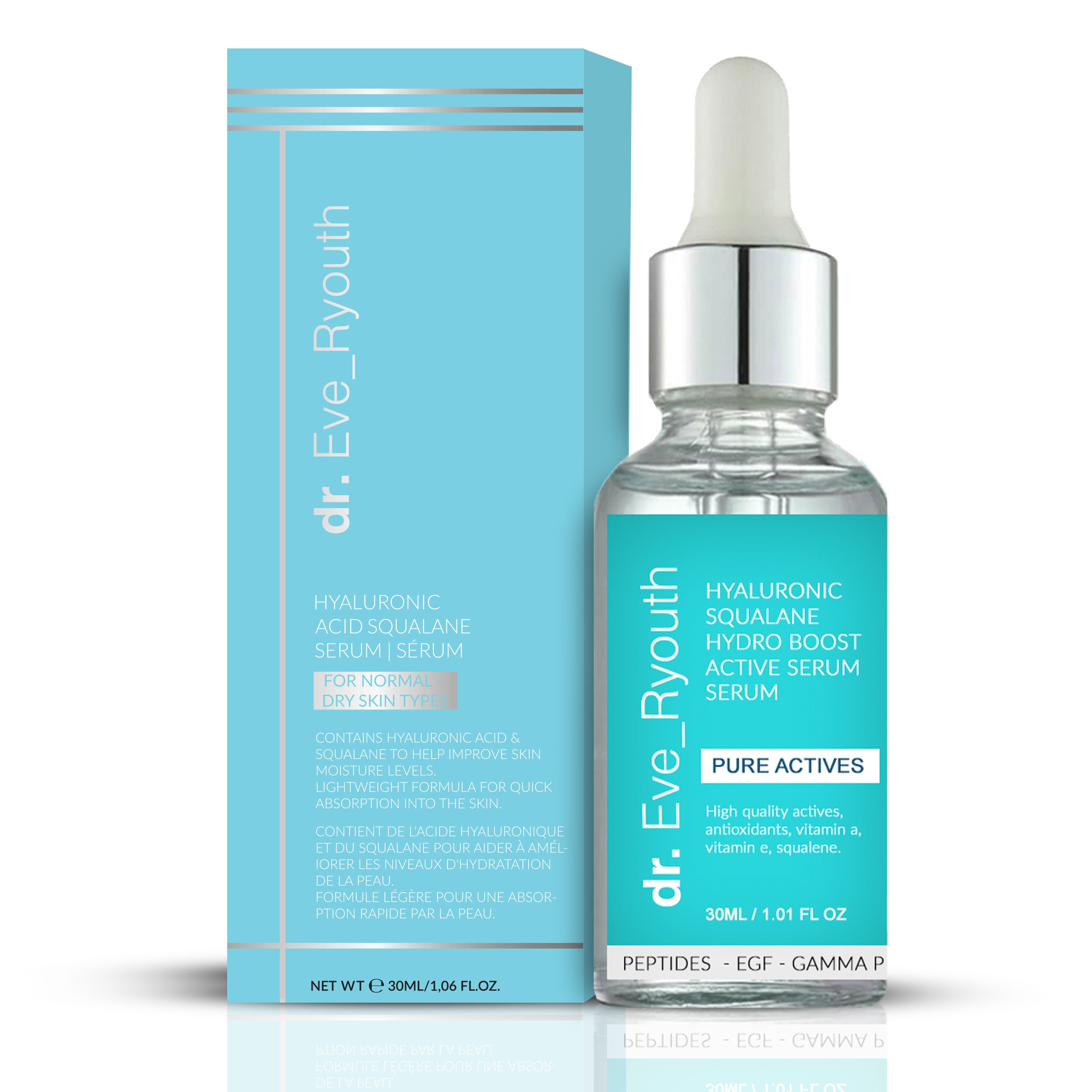 Hellblaue Verpackung und Flasche mit Serum. Aufschrift: dr. Eve_Ryouth, Hyaluronsäure Squalan Hydro Boost Serum. Enthält Pipette.