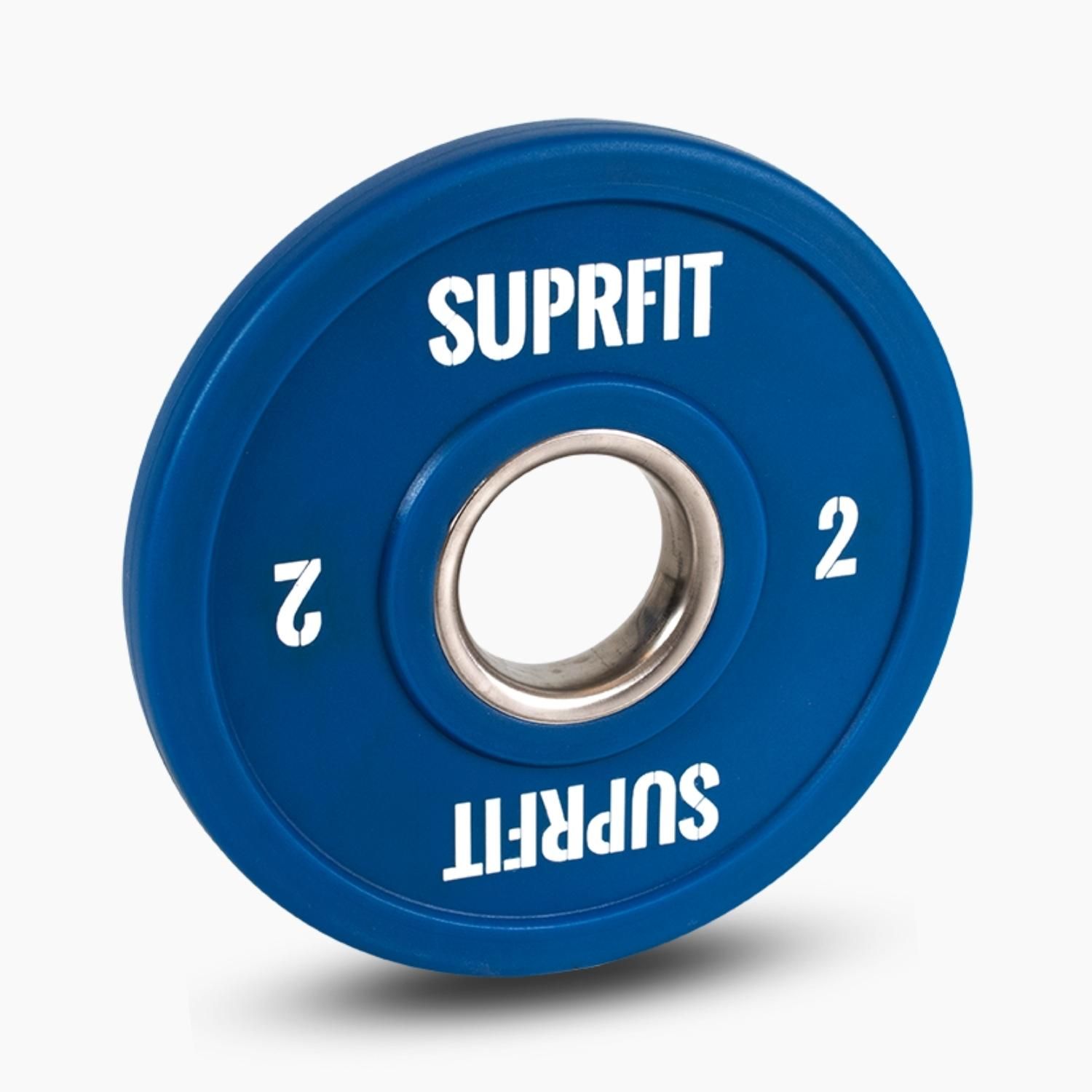 Blaue Suprfit Mini Bumper Plate. Gewicht: 2. Metallring in der Mitte. Weißer Schriftzug Suprfit.