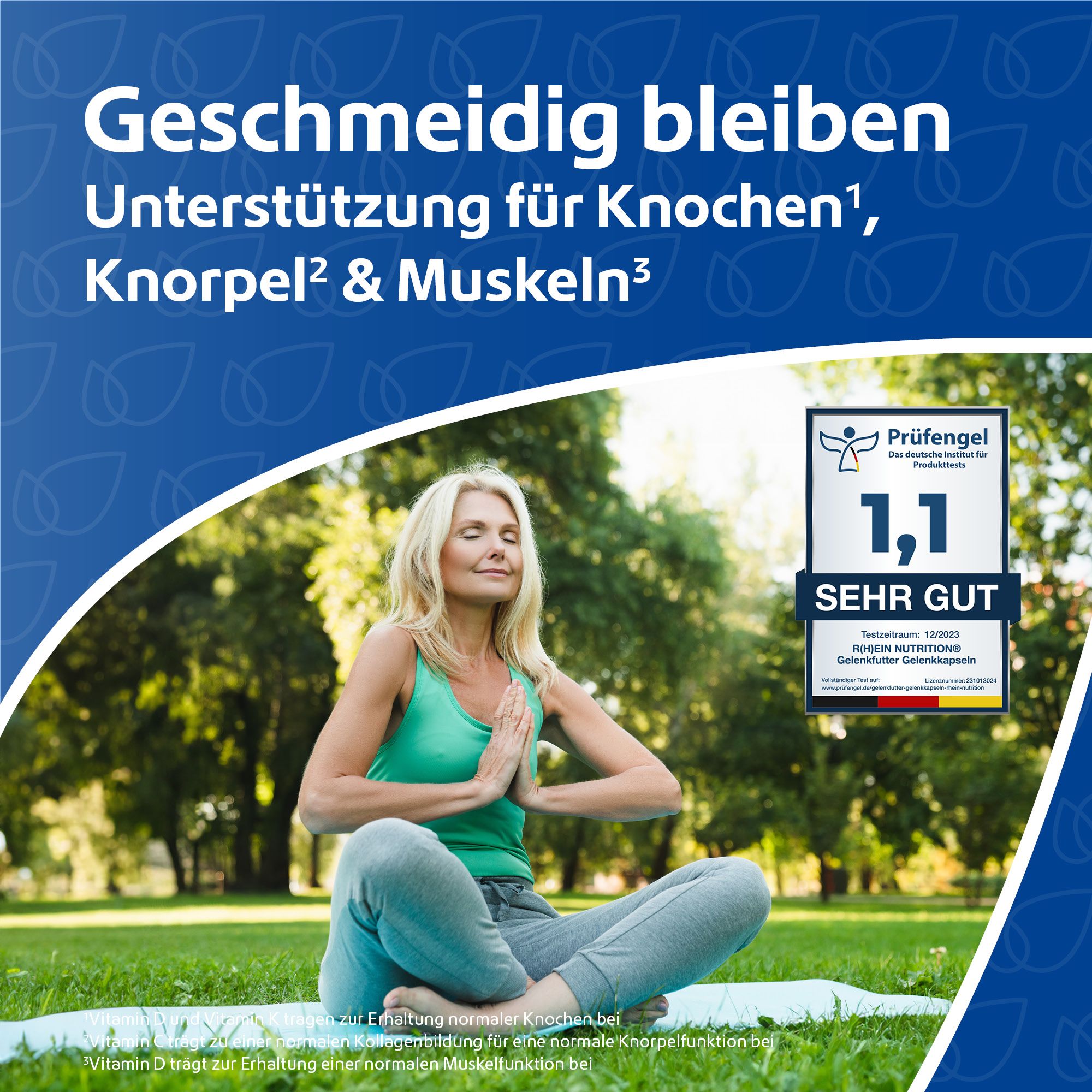 Frau meditiert im Park. Text: Geschmeidig bleiben. Unterstützung für Knochen, Knorpel & Muskeln. Prüfzeichen: 1,1 SEHR GUT.