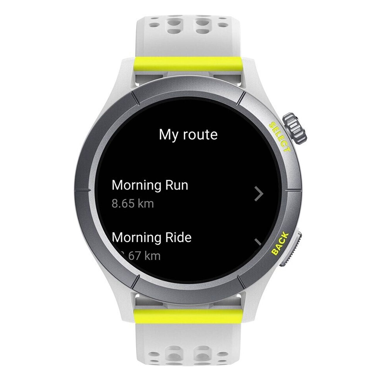 Smartwatch mit weißem Armband. Zeigt eine Liste mit Trainingsrouten an.