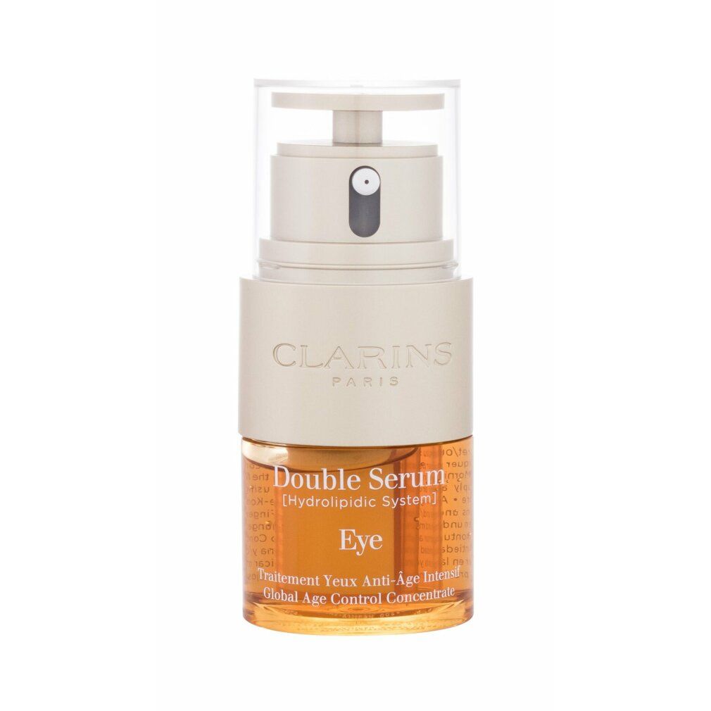 Doppeltes Augenserum. Weißer Behälter mit transparentem Deckel. Aufschrift: CLARINS PARIS, Double Serum Eye.