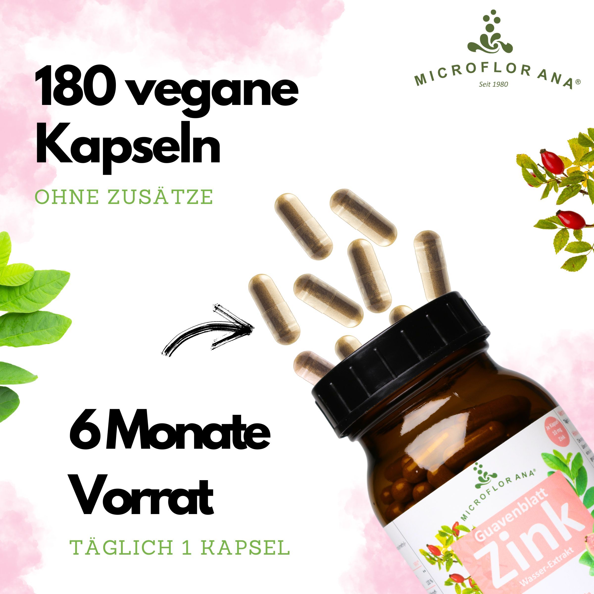 Braune Flasche mit Kapseln. 180 vegane Kapseln. 6 Monate Vorrat. Täglich 1 Kapsel.