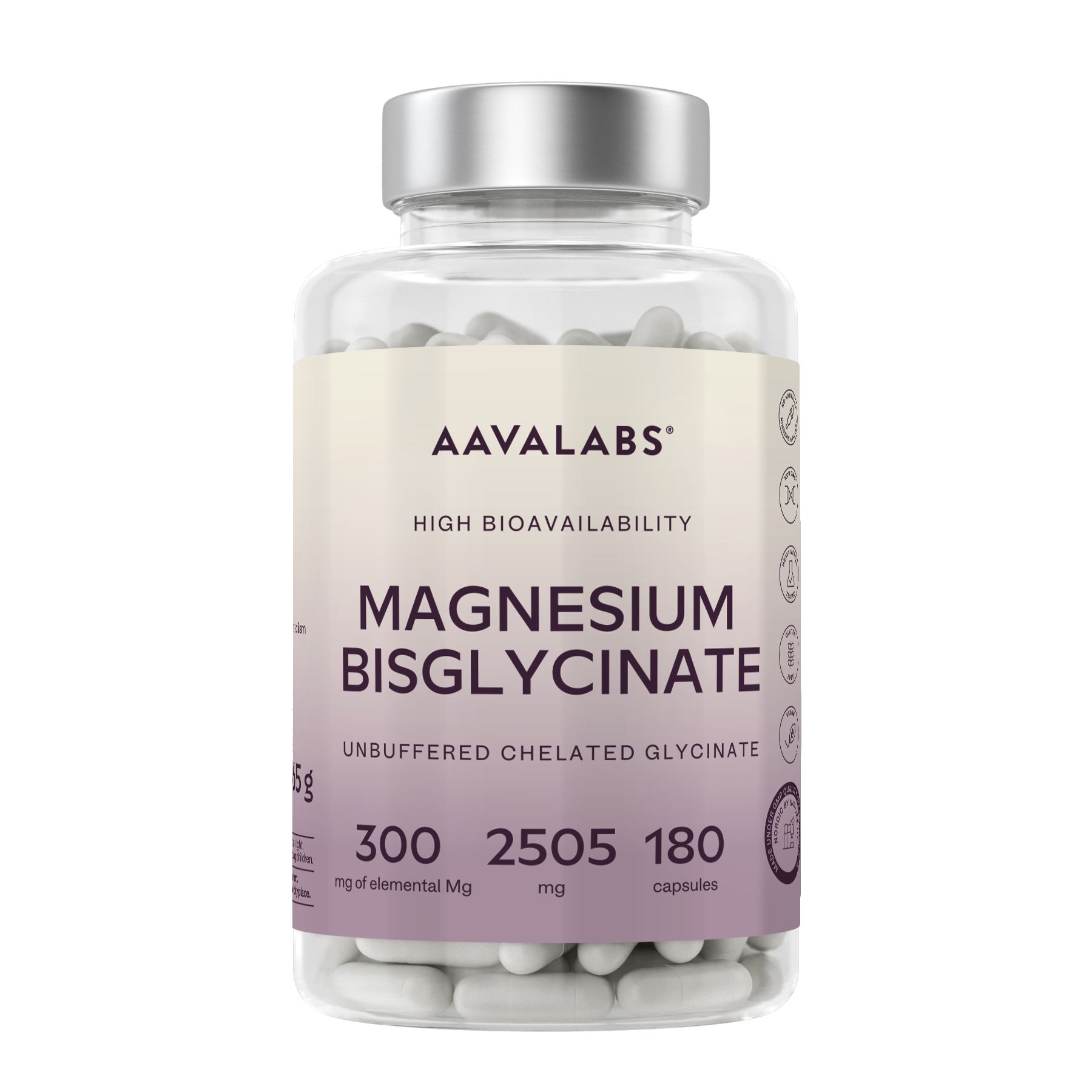 Klarflasche mit Kapseln. Aufschrift: Magnesiumbisglycinat. 180 Kapseln.