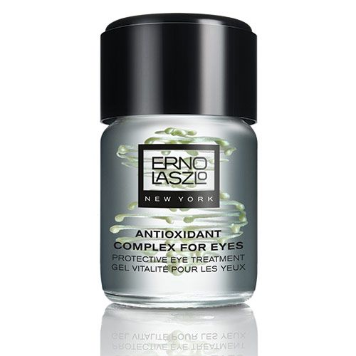 Kleine, zylindrische Flasche mit schwarzem Deckel. Aufschrift: Erno Laszlo New York, Antioxidant Complex for Eyes. Gelartige Substanz sichtbar.