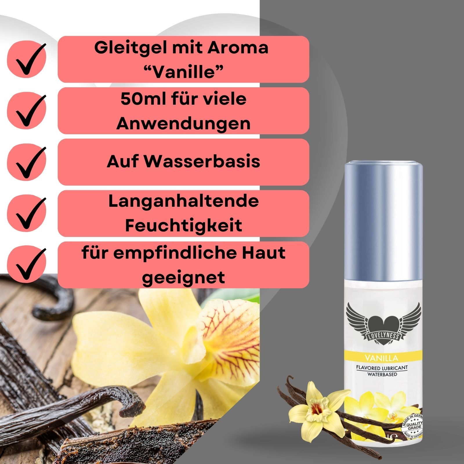 Gleitgel mit Aroma Vanille. 50ml. Auf Wasserbasis. Für empfindliche Haut geeignet. Vanilleblüten und Schoten.