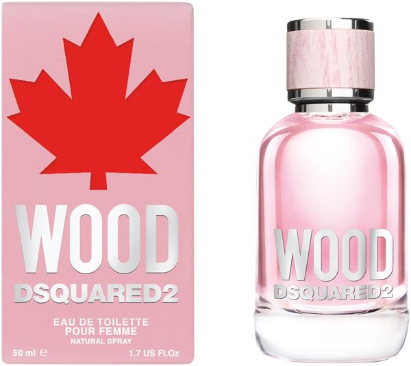 Rosa Flakon und Verpackung. Flakon mit Schriftzug WOOD DSQUARED2. Eau de Toilette Pour Femme.
