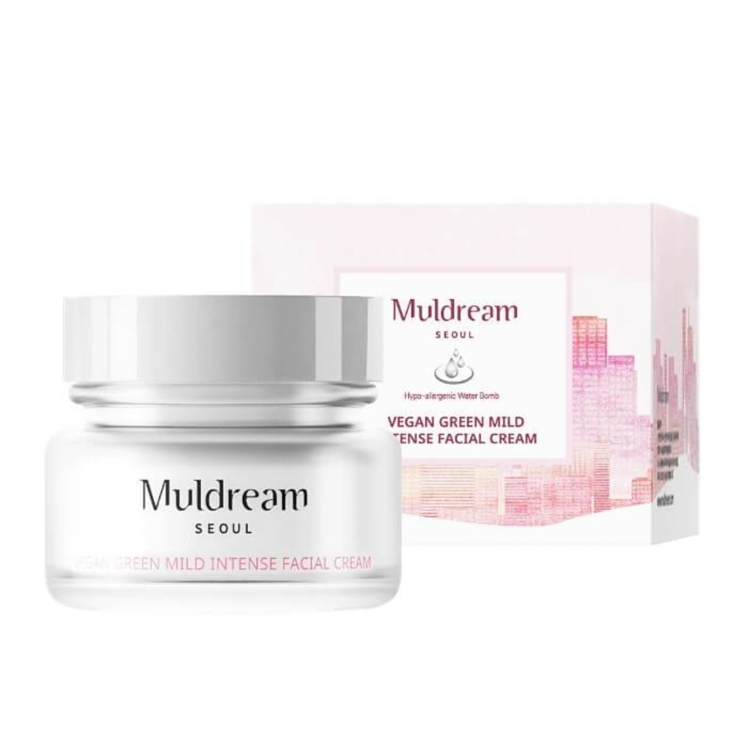Creme-Glas mit Deckel und Karton. Aufschrift: Muldream Seoul, Vegan Green Mild Intense Facial Cream. Weiße Verpackung.