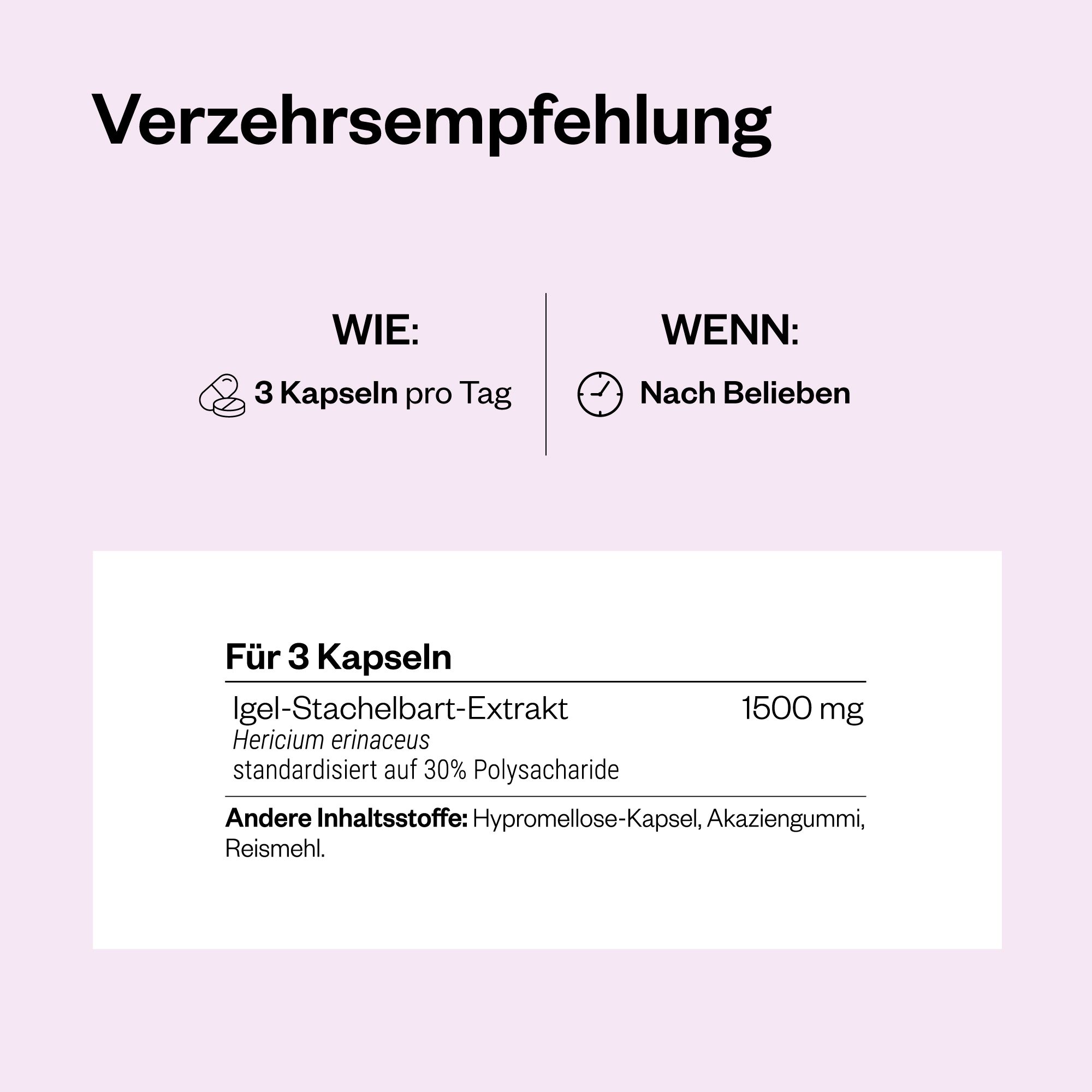 Infografik mit Verzehrempfehlung. 3 Kapseln pro Tag. Für 3 Kapseln: Igel-Stachelbart-Extrakt 1500 mg.