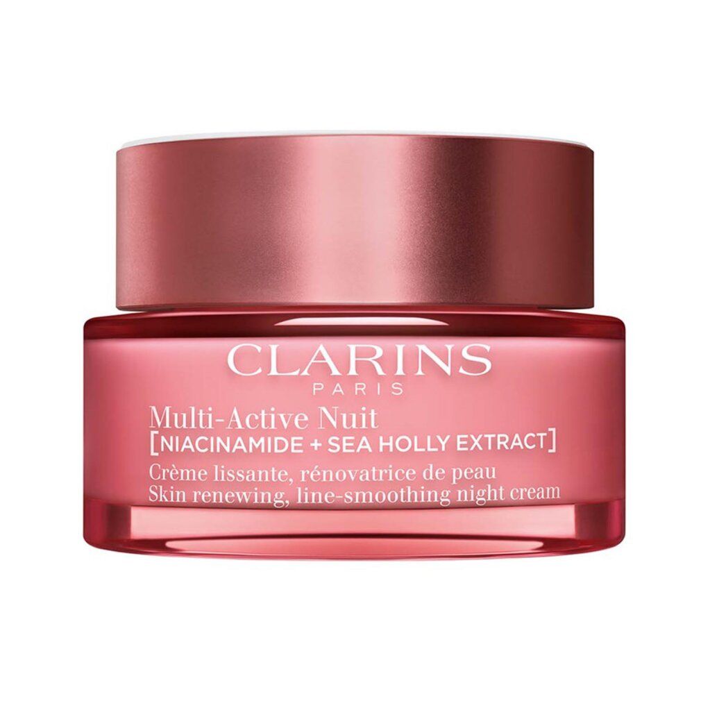 Rosa Tiegel mit Deckel. Text: Clarins Multi-Active Nuit [Niacinamid + Meerfenchel-Extrakt]. Creme für die Nacht.