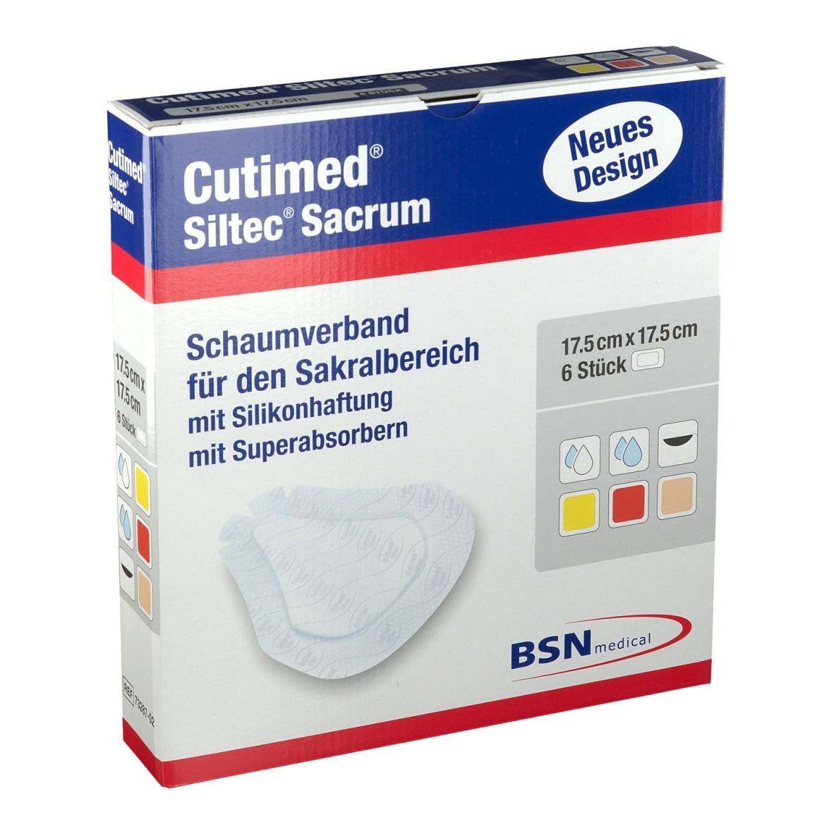 Cutimed Siltec Sacrum Verpackung, 17,5x17,5 cm, 6 Stück. Produktabbildung und Informationen.