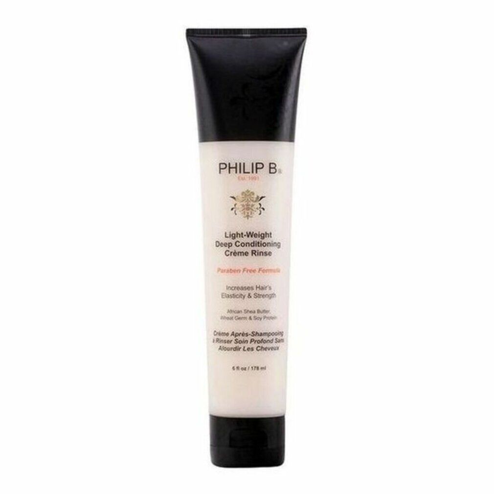 Creme-Tube mit schwarzem Deckel. Aufschrift: Philip B, Light-Weight Deep Conditioning Crème Rinse, Paraben Free Formula. Für Haare.