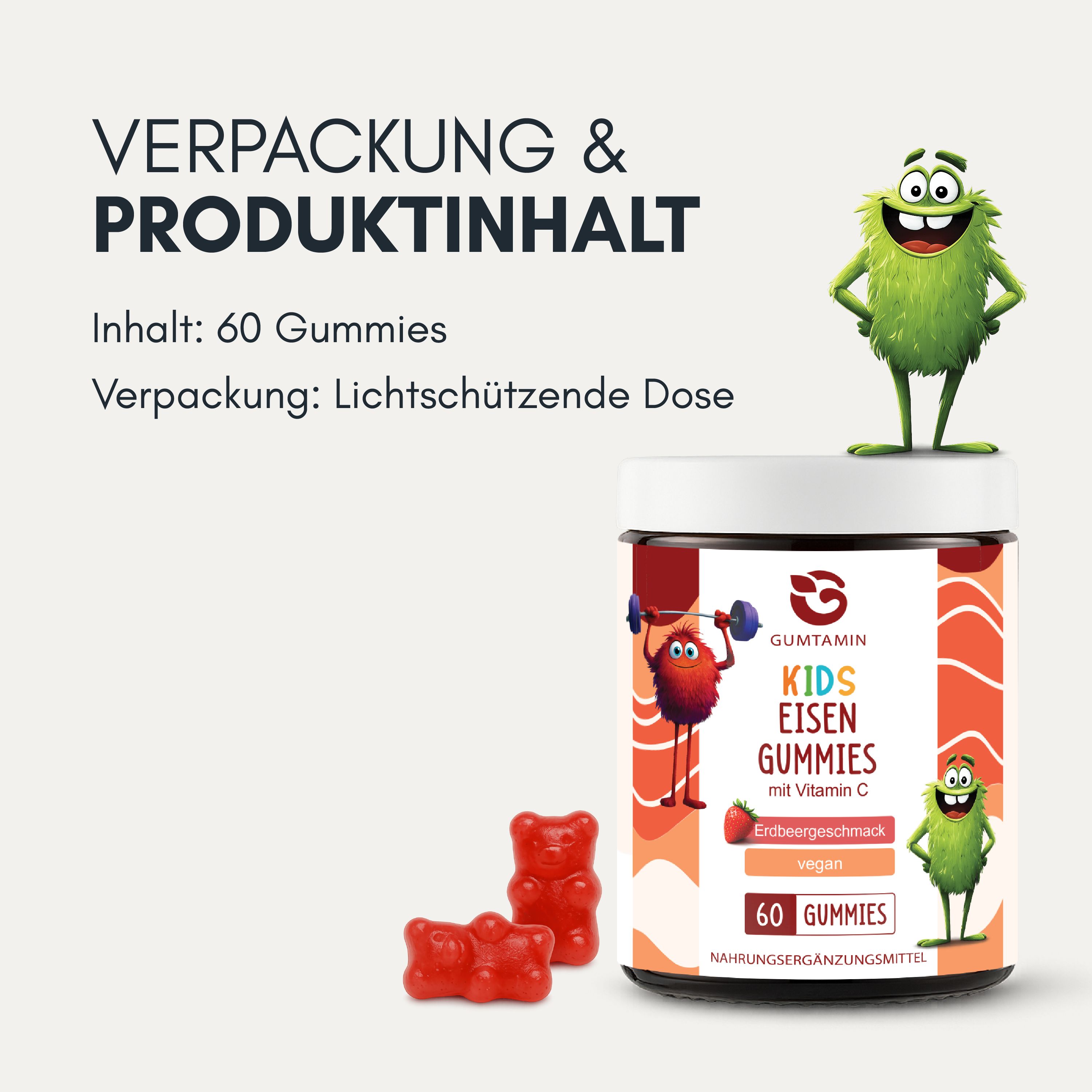 Dose 'Kids Eisen Gummies' mit 60 Stück Inhalt und lichtschützender Verpackung.