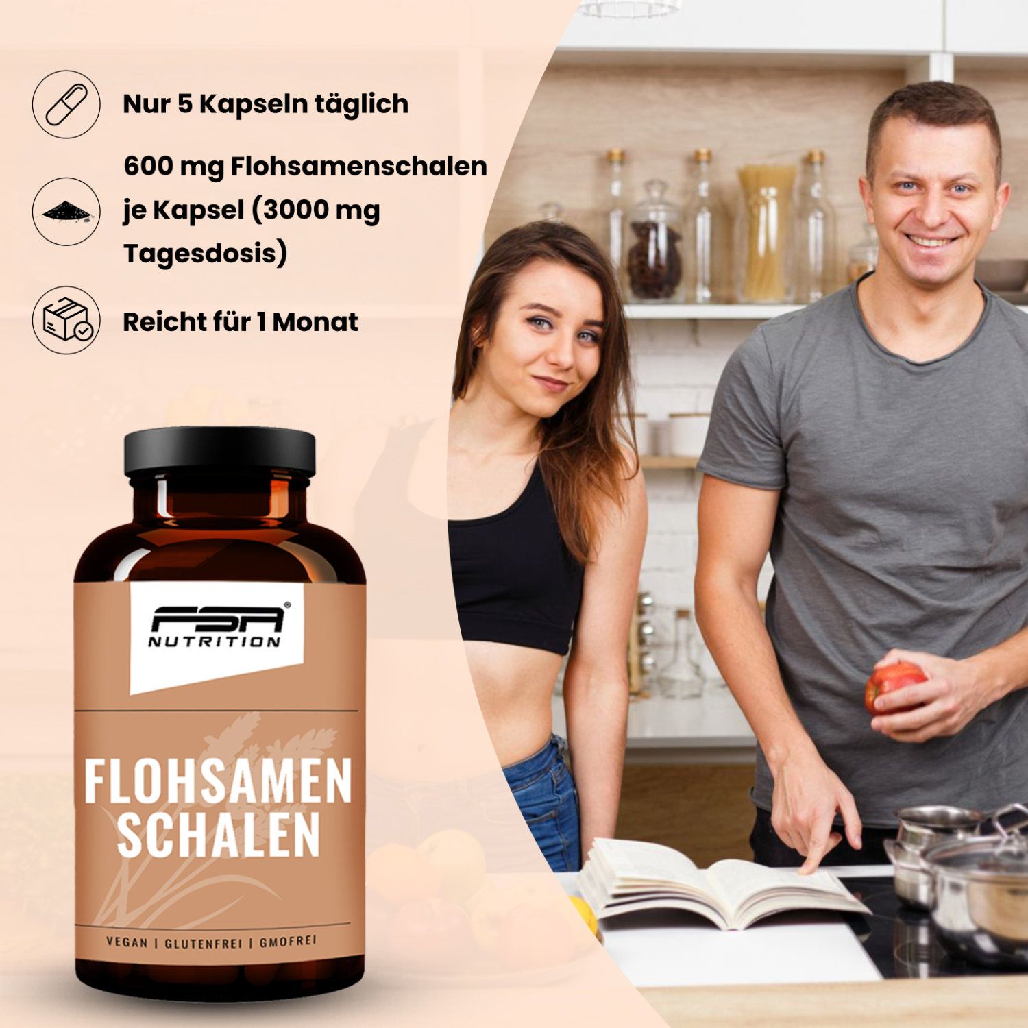 Braune Glasflasche mit FSA NUTRITION Flohsamenschalen. Aufschrift: Flohsamen Schalen. Vegan, glutenfrei, GVO-frei. Personen im Hintergrund.