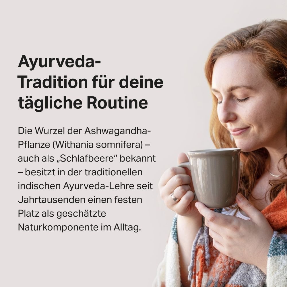 Frau trinkt eine Tasse, mit Text über Ayurveda und Ashwagandha-Pflanze.