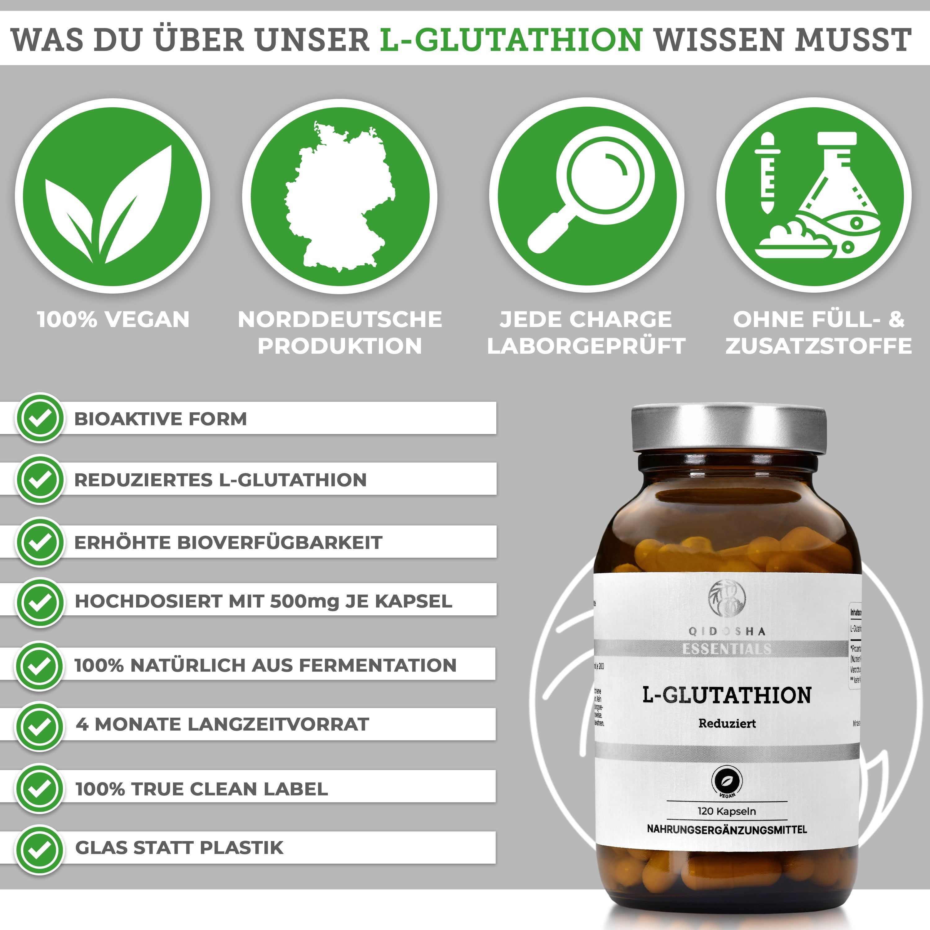 QIDOSHA L-Glutathion: Flasche mit 120 Kapseln. Merkmale: Vegan, norddeutsche Produktion, laborgeprüft, ohne Zusatzstoffe.