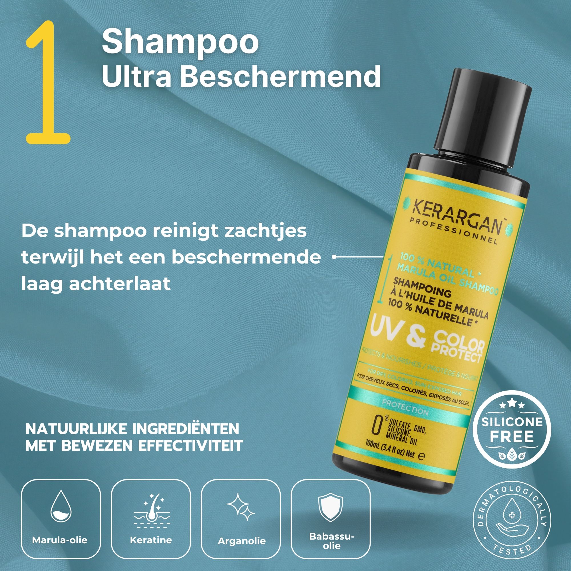 Gele fles met zwarte dop. Opschrift: Kerargan, Shampooing, UV & Color Protect. Bevat marula-olie. Dermatologisch getest.