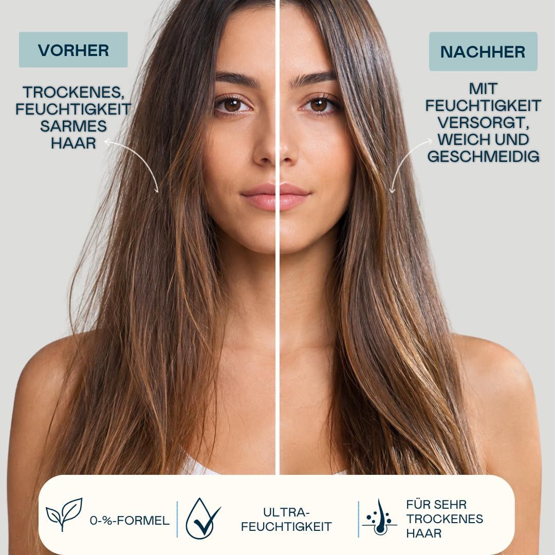 Vorher/Nachher: Trockenes Haar wird mit Feuchtigkeit versorgt, weich und geschmeidig.
