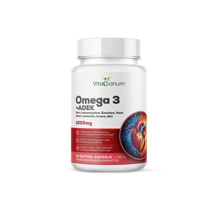 Weiße Flasche VitaSanum Omega 3 + ADEK Kapseln. Aufschrift: Omega 3 + ADEK, 1000mg. Abbildung eines Herzens. 90 Softgel-Kapseln.