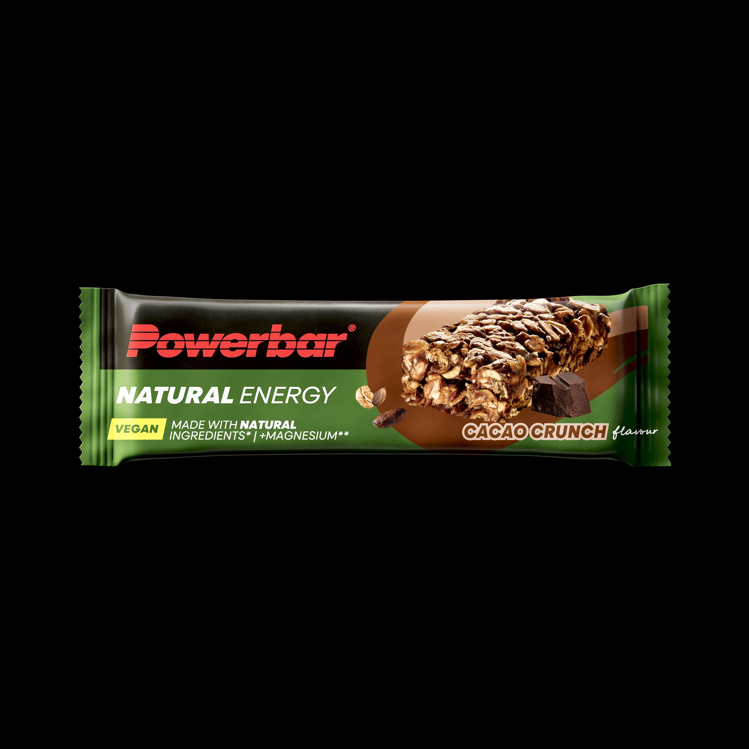 Powerbar Natural Energy Cacao Crunch Riegel mit Kakao und Magnesium.