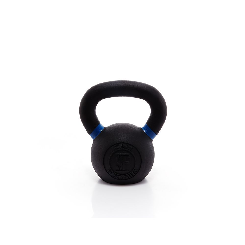Schwarze Kettlebell aus Gusseisen mit blauem Akzent am Griff. Das Logo ist auf der Vorderseite sichtbar.