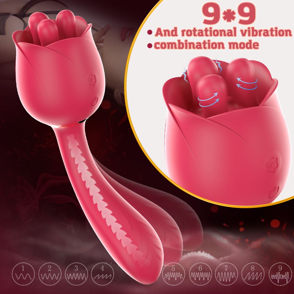 Rosa Vibrator in Rosenform mit drei Kugeln. Text: 9*9, Rotationsvibration, Kombinationsmodus. Wellenmuster.