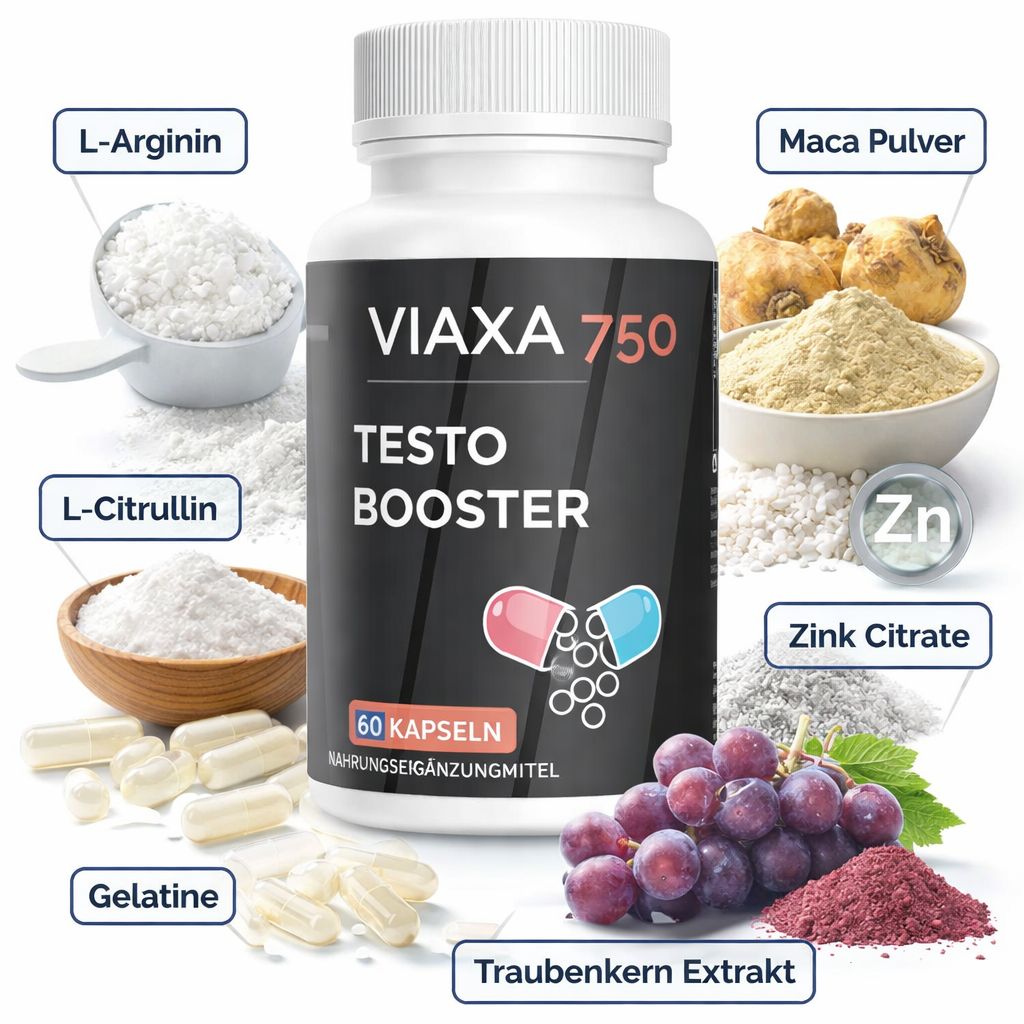 Weiße Flasche mit schwarzem Etikett. Aufschrift: VIAXA 750, TESTO BOOSTER, 60 Kapseln. Zutaten: L-Arginin, L-Citrullin, etc.