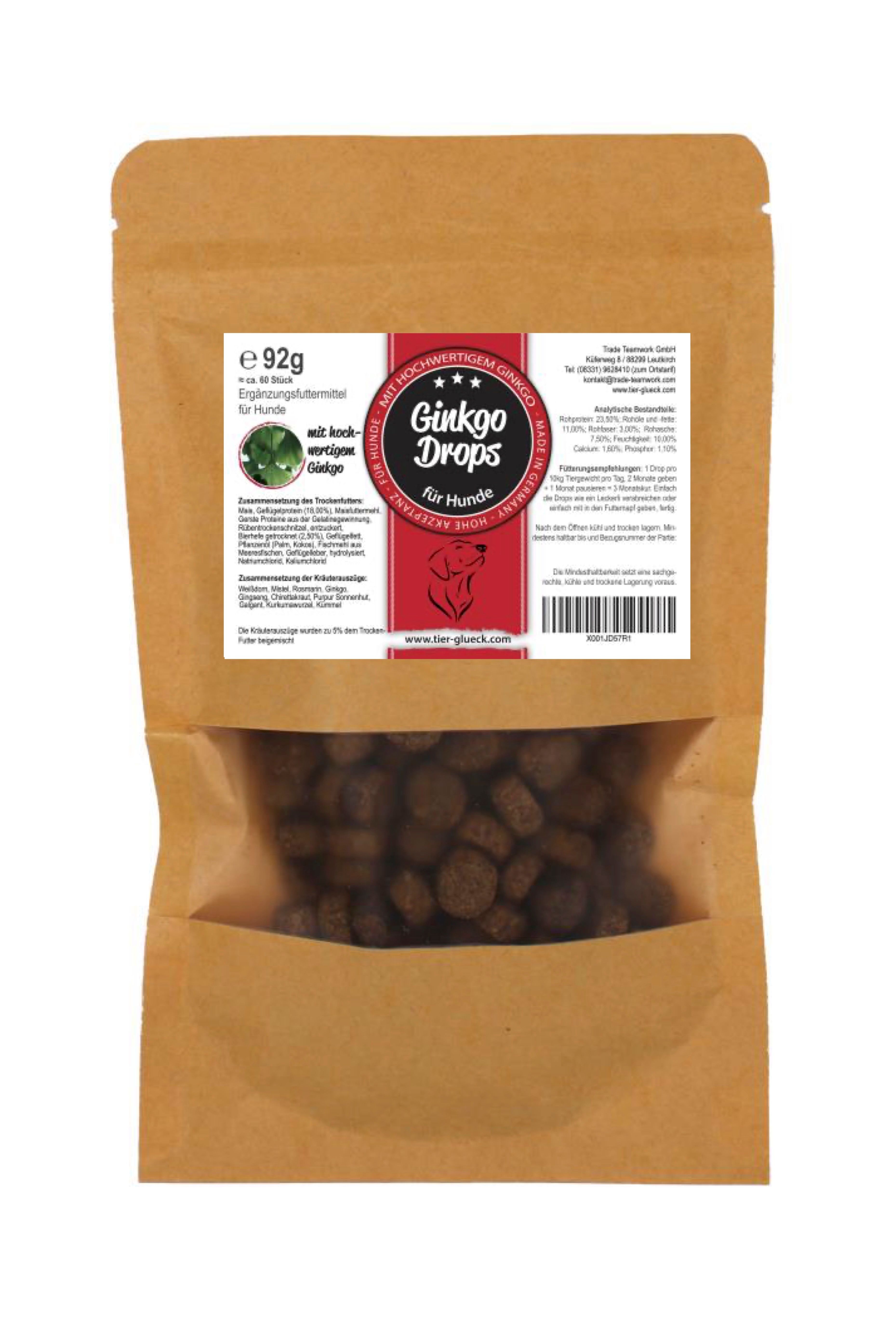 Beutel mit Ginkgo Drops für Hunde. Sichtfenster zeigt Futter. Aufdrucke: Marke, Produktname, Inhaltsstoffe, Gewicht.