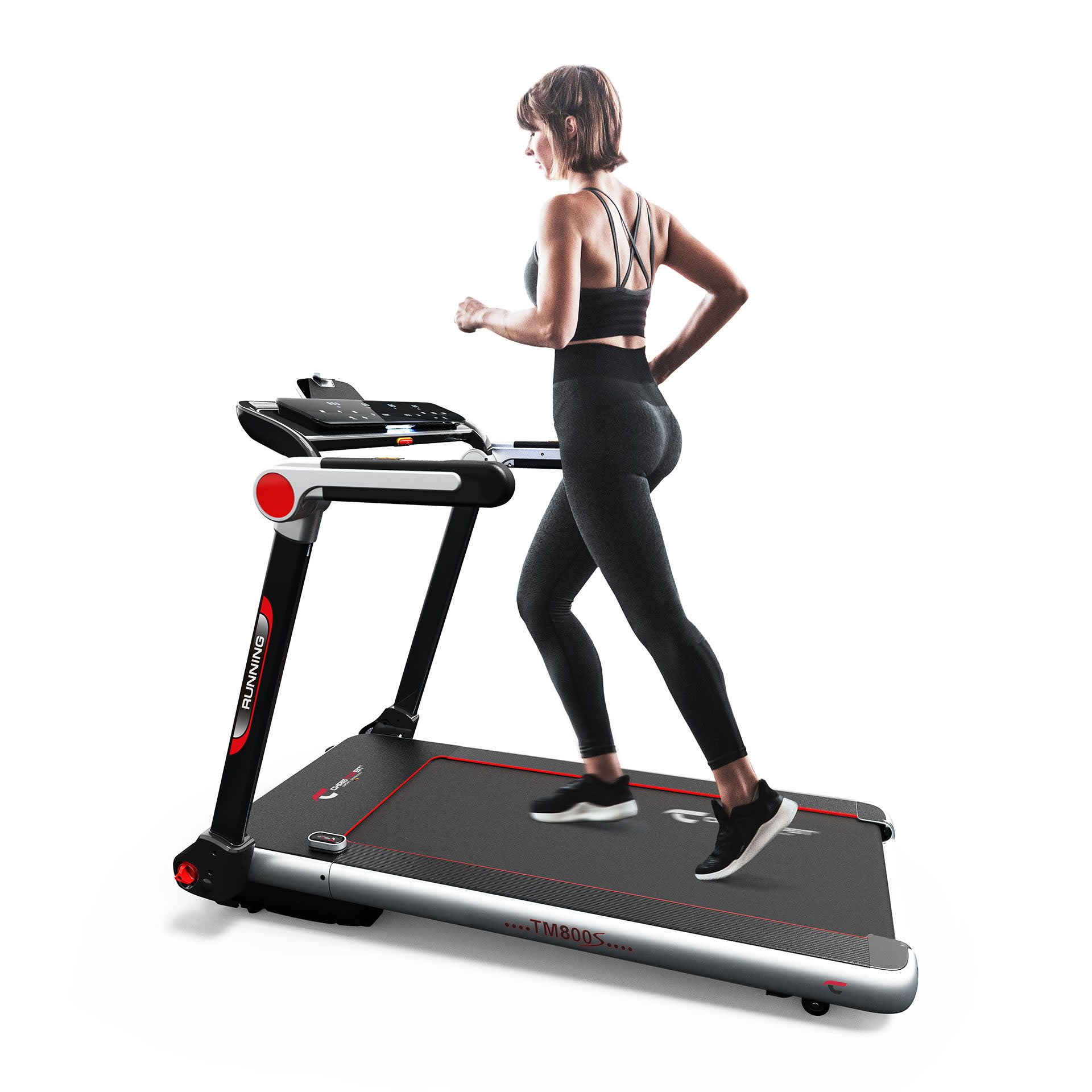 Laufband mit roter Akzentfarbe. Eine Frau läuft auf dem Laufband. Schwarze und rote Details. TM800S.