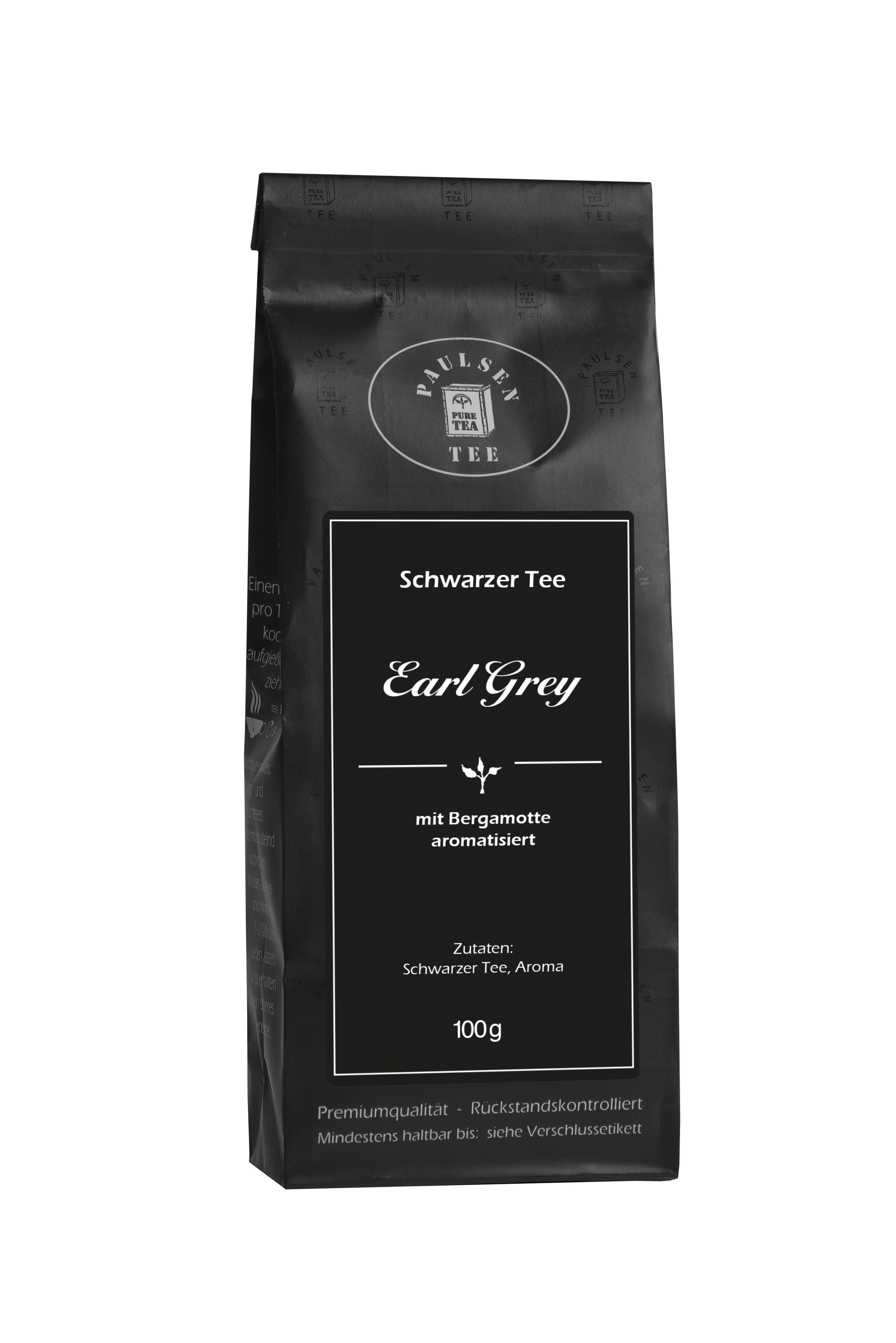 Schwarzer Tee Earl Grey in schwarzer Verpackung. Mit Logo, Text: Schwarzer Tee, Earl Grey, mit Bergamotte aromatisiert.