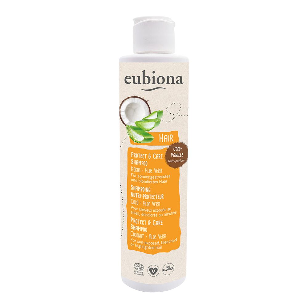 Flasche Eubiona Shampoo. Aufdruck: Kokos-Aloe Vera, Protect & Care. Mit Kokosnuss- und Aloe Vera-Illustrationen. Weißer Deckel.