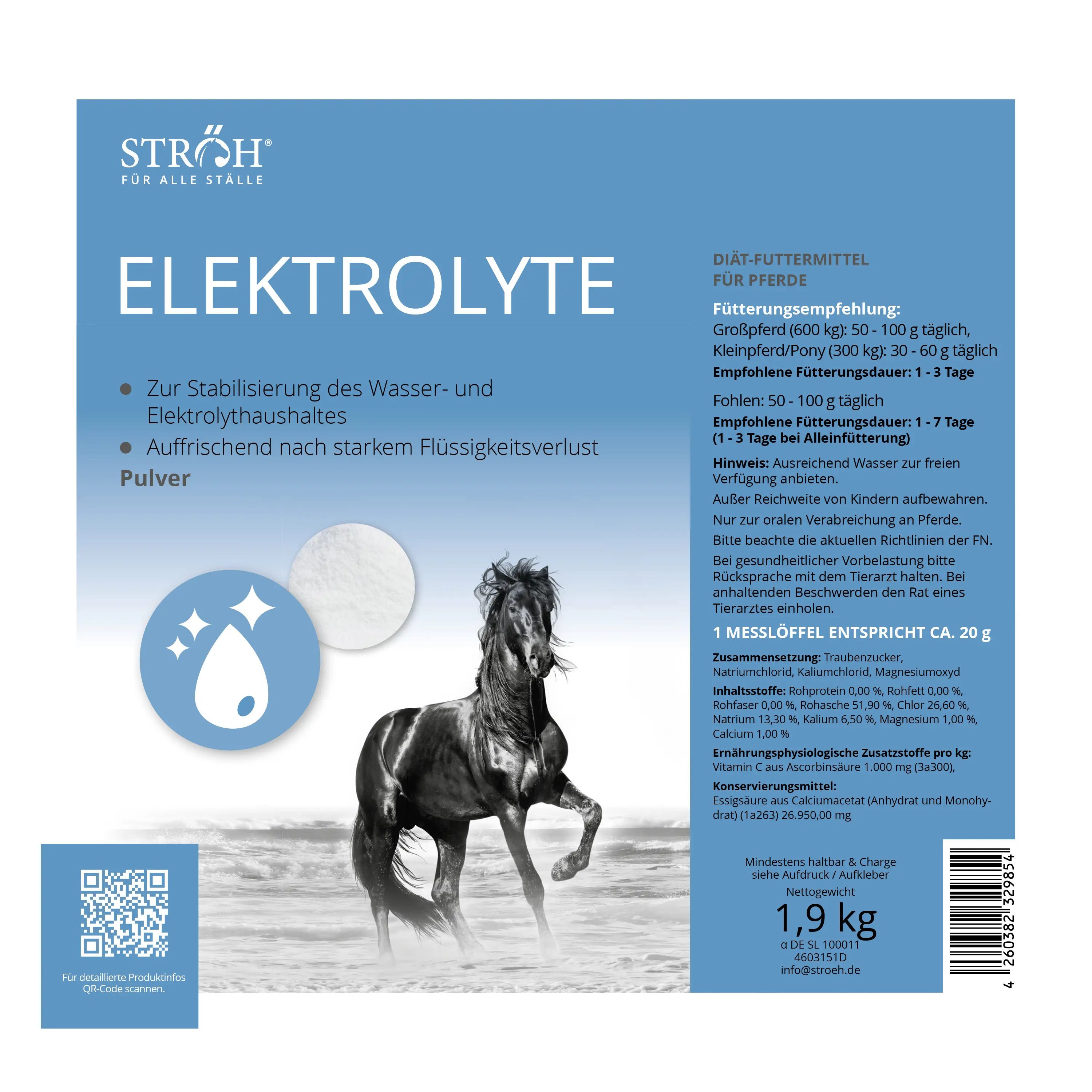 Quadratische Verpackung mit Text: ELEKTROLYTE. Logo: Pferd. Text: 1,9 kg. Marke: STRÖH.