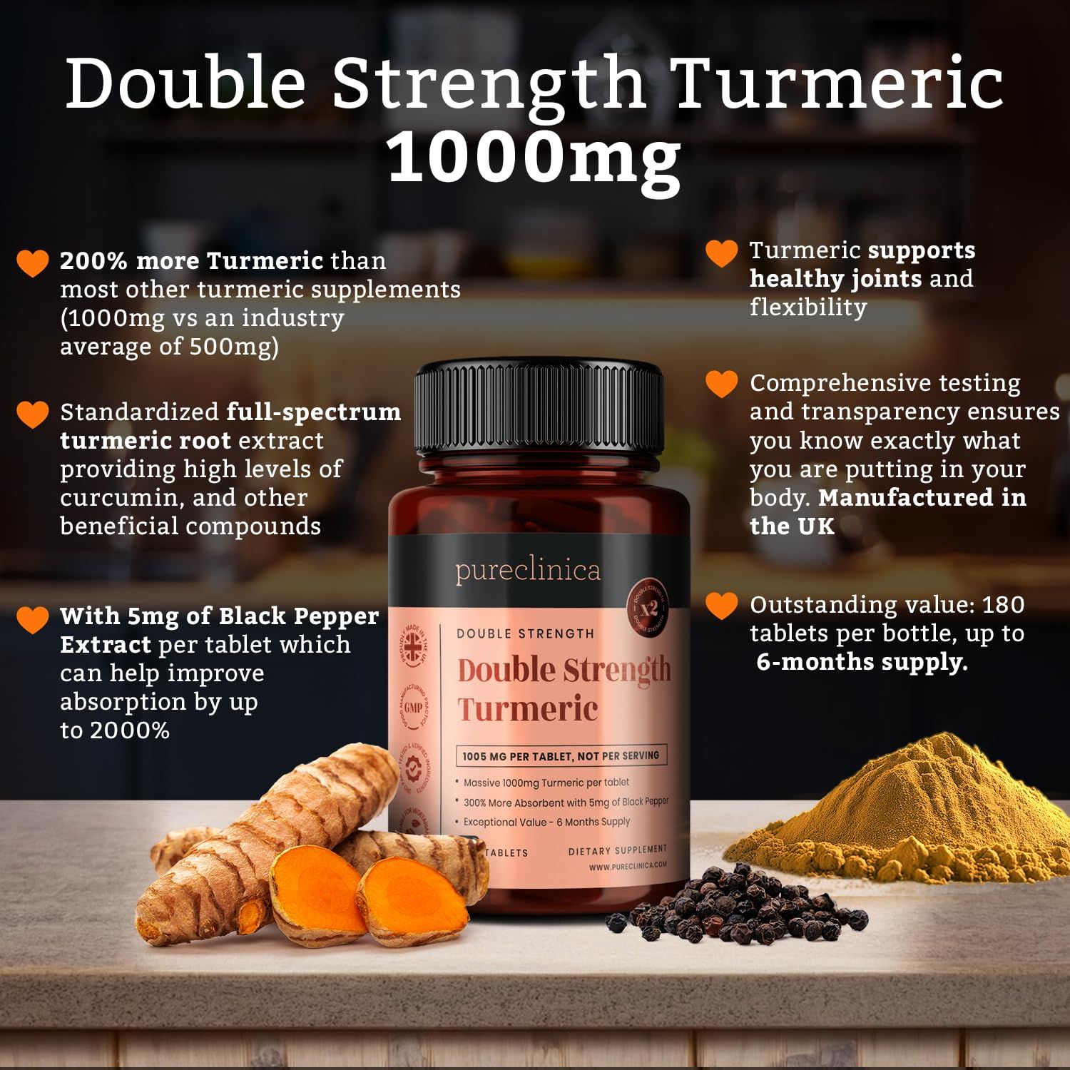 Braune Flasche mit Tabletten. Aufschrift: Double Strength Turmeric. Daneben Kurkuma, Pfefferkörner und Pulver.