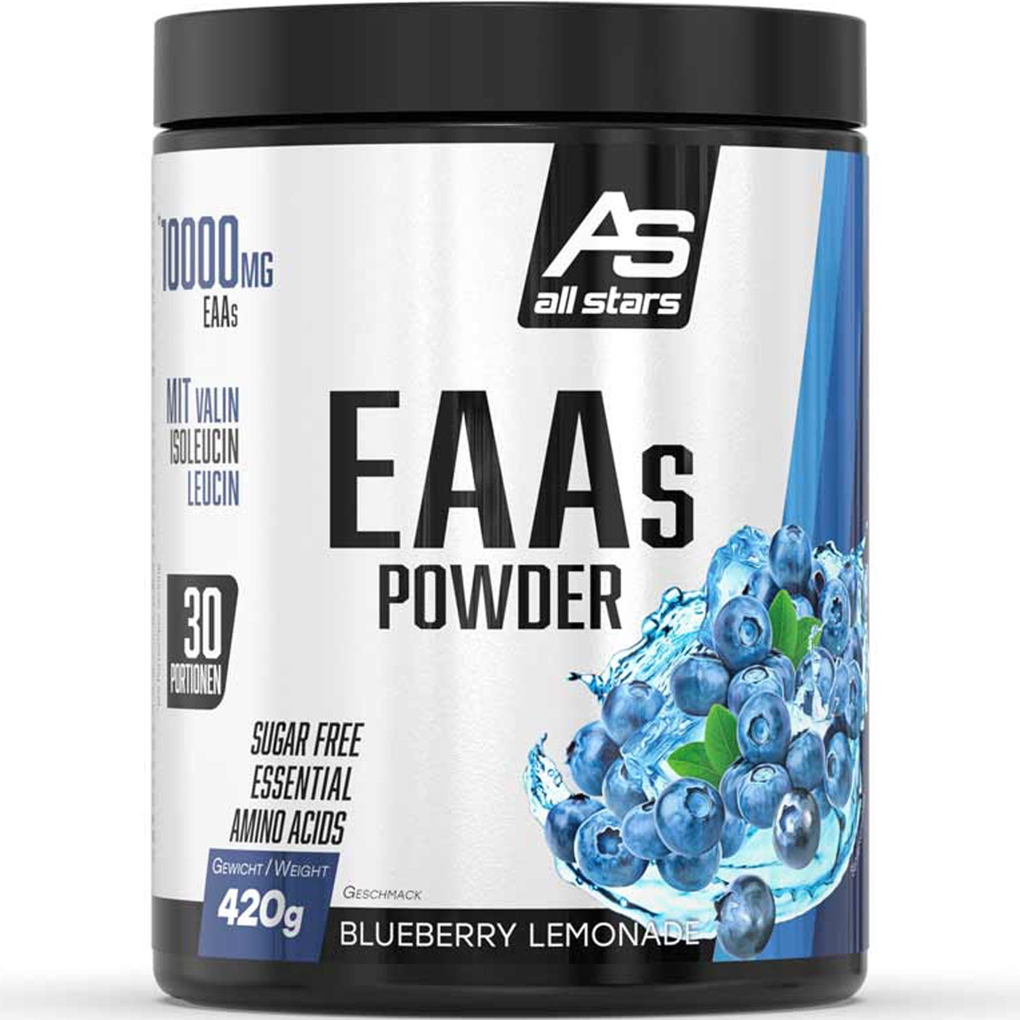 Schwarze Dose mit "EAAs Powder"-Aufschrift. Enthält 420g, 30 Portionen. Blaubeer-Zitronen-Geschmack. Marke: All Stars.