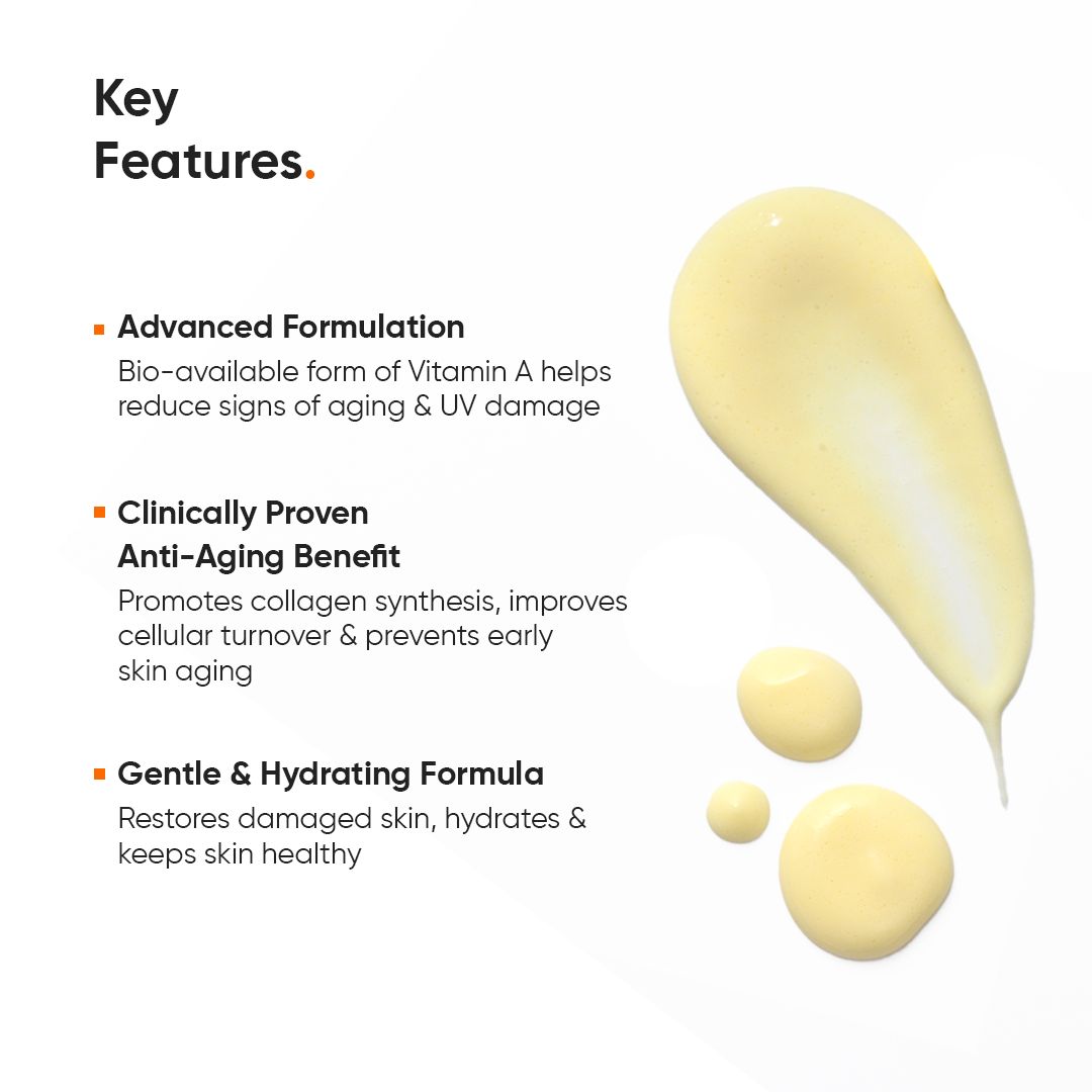 Gelbe Creme-Tropfen. Text: Advanced Formulation, Clinically Proven Anti-Aging Benefit, Gentle & Hydrating Formula.