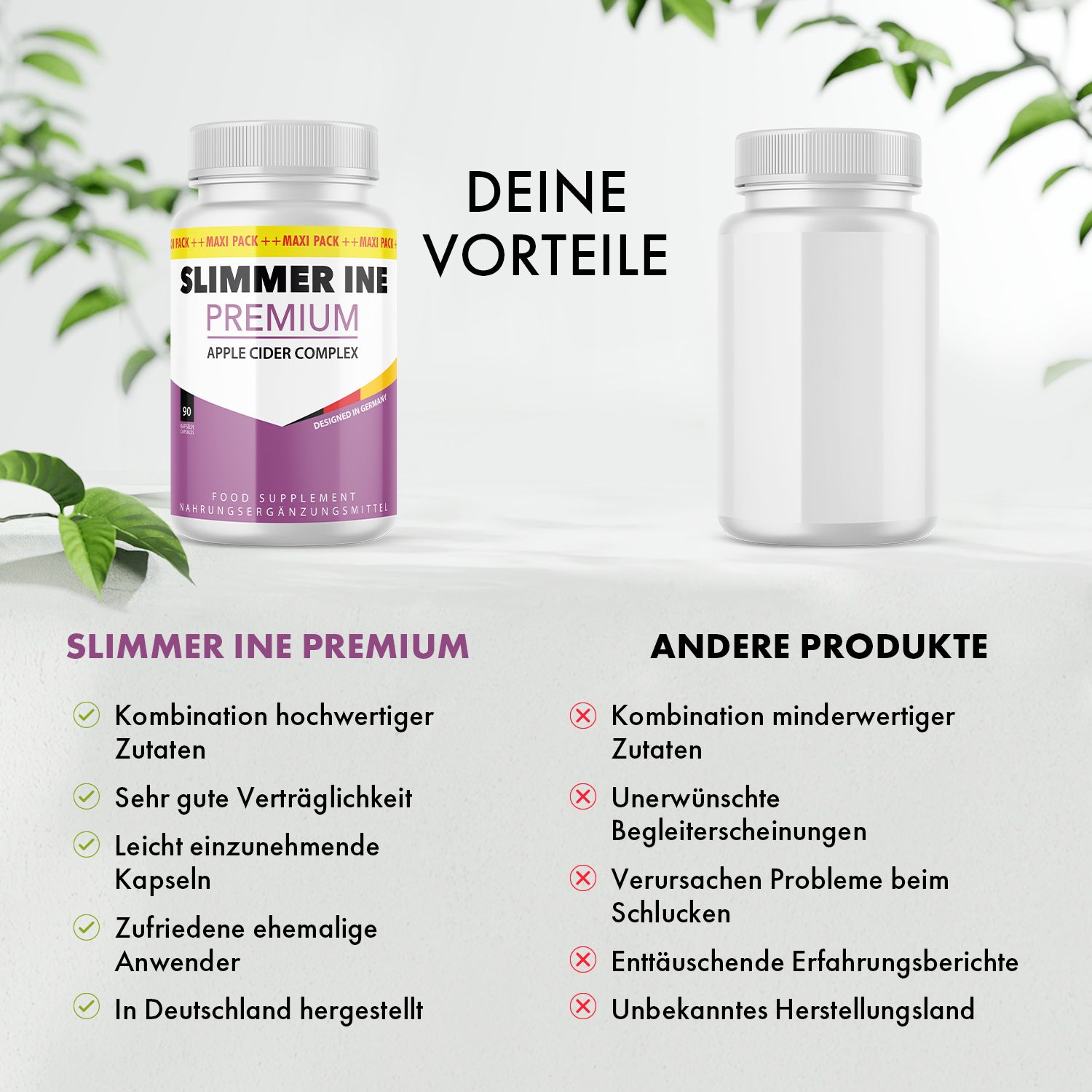 Vergleich von SLIMMER INE PREMIUM und einem anderen Produkt. Vorteile: hochwertige Zutaten, gute Verträglichkeit, leicht einzunehmen.