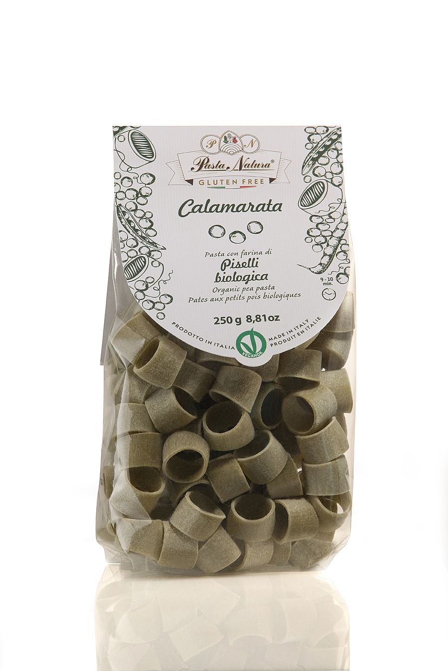 Confezione di pasta Calamarata. Senza glutine, con farina di piselli. 250g. Prodotto biologico. Prodotto in Italia.