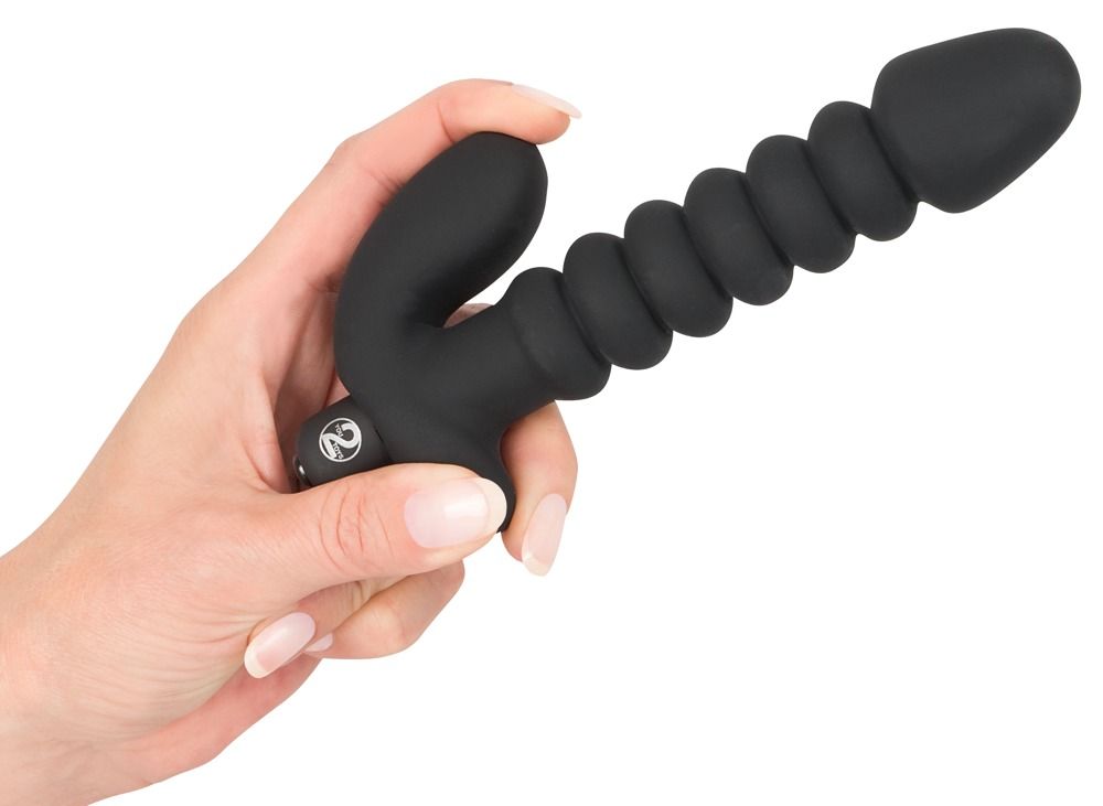 Schwarzer Vibrationsplug mit geripptem Schaft und gebogenem Griff, freigestellt.