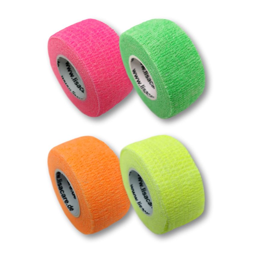 Vier Rollen Fingerpflaster in Neonfarben: Pink, Grün, Orange und Gelb. Produktansicht.