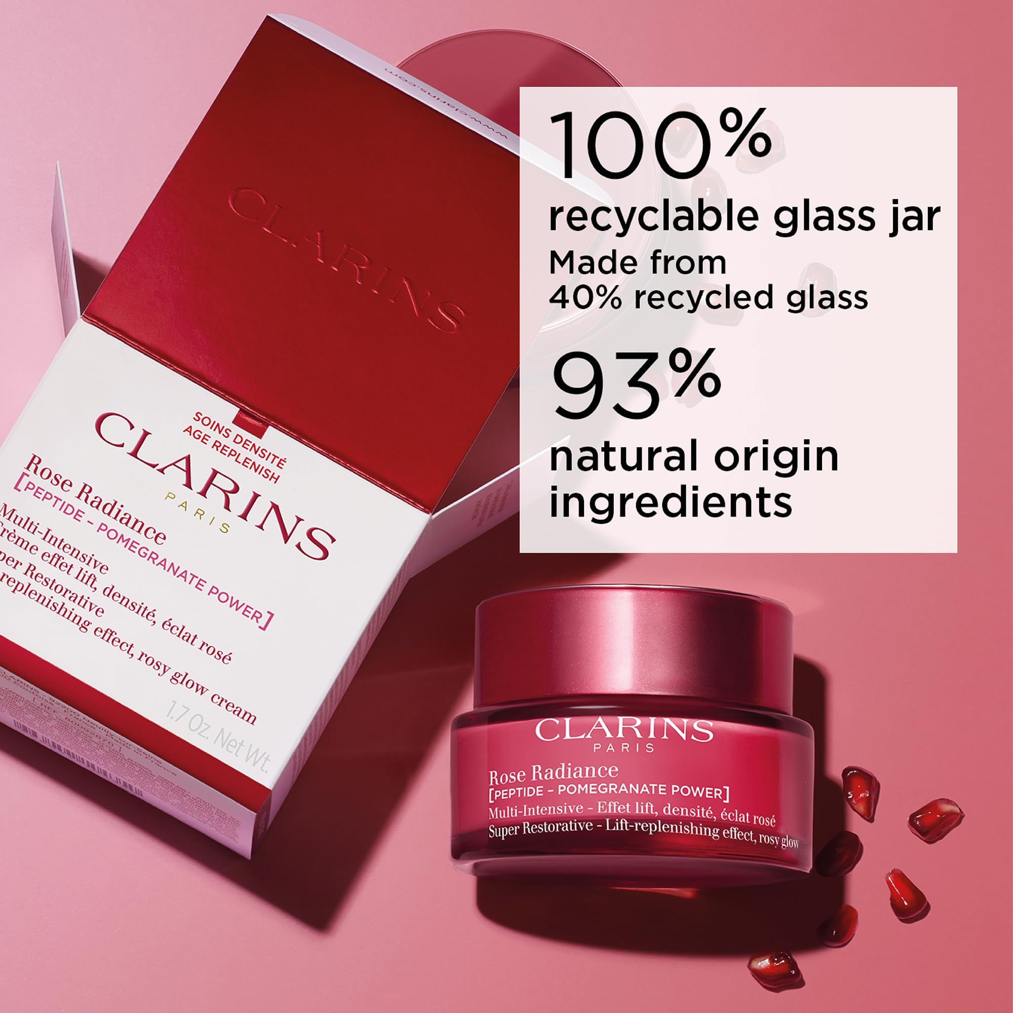 Rote Creme-Dose und Verpackung. Aufschrift: CLARINS PARIS, Rose Radiance, [PEPTIDE - POMEGRANATE POWER]. 100% recycelbares Glas.