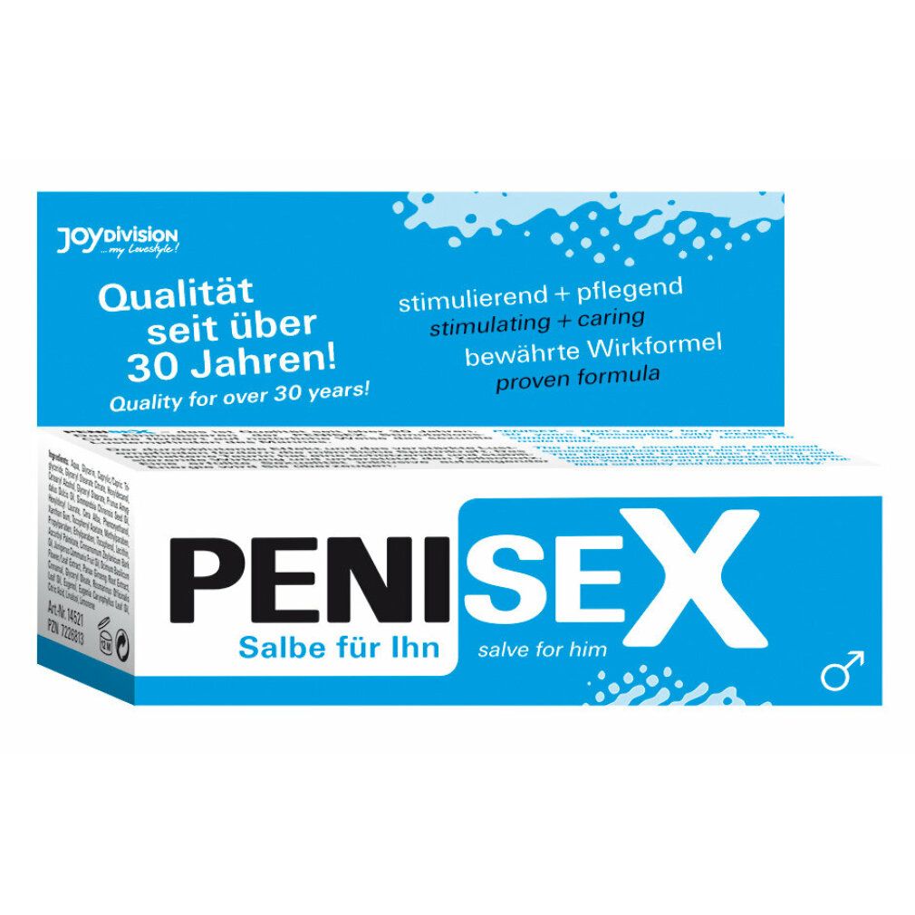 Penisex Salbe Tube. Weiß mit blauem Streifen. Produktname und Text. Enthält Logo und Produktinformationen.