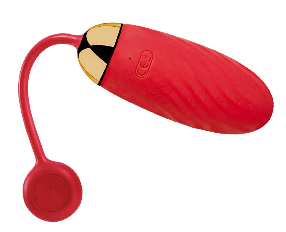 Roter Vibrator mit goldfarbenem Abschluss und roter, runder Basis. CE-Kennzeichnung sichtbar.