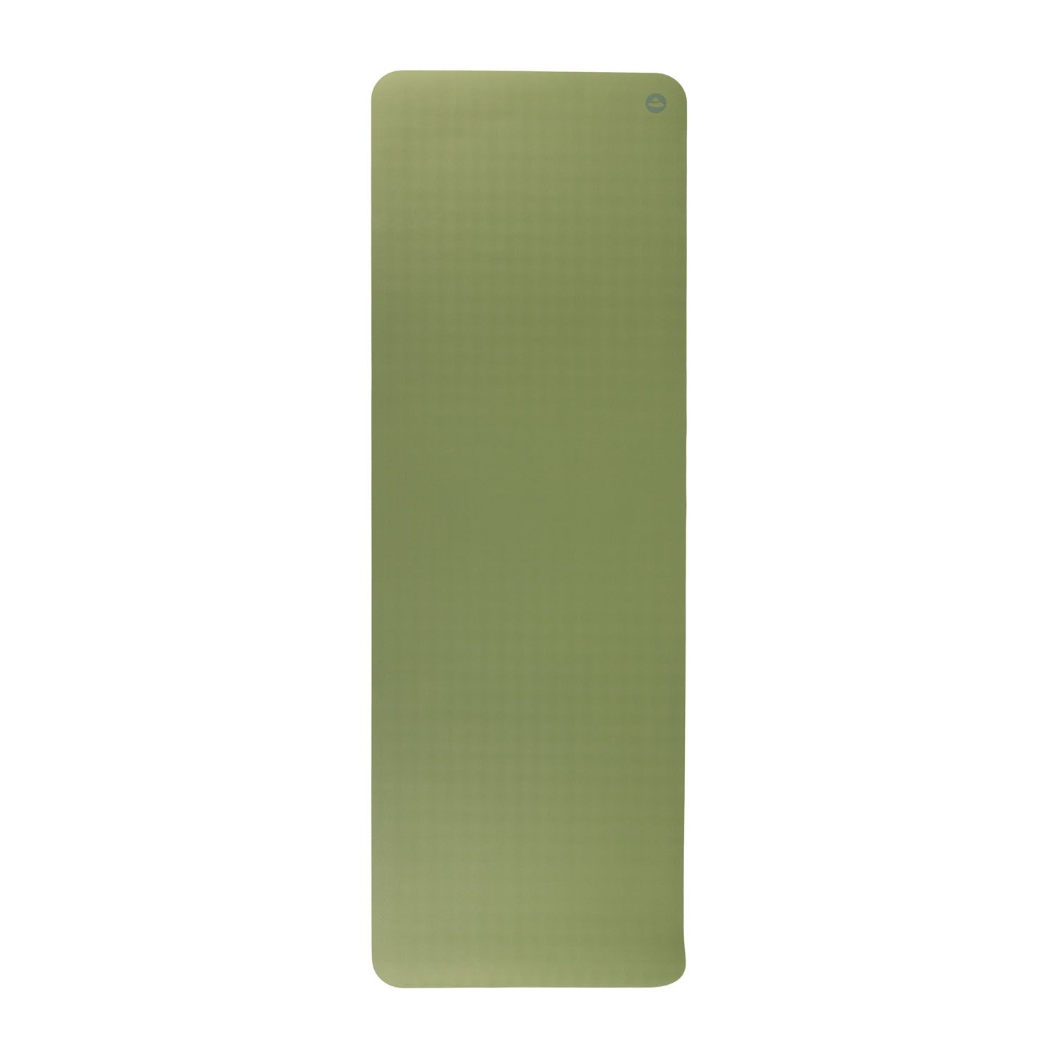 Grüne Yogamatte, rechteckig. Abgerundete Ecken. Logo in der Ecke.