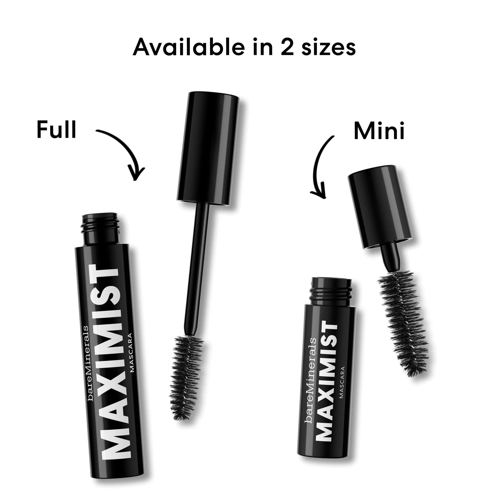 Zwei Mascara-Größen: Voll und Mini. Beide mit schwarzer Tube und Schriftzug MAXIMIST. Marke BareMinerals.